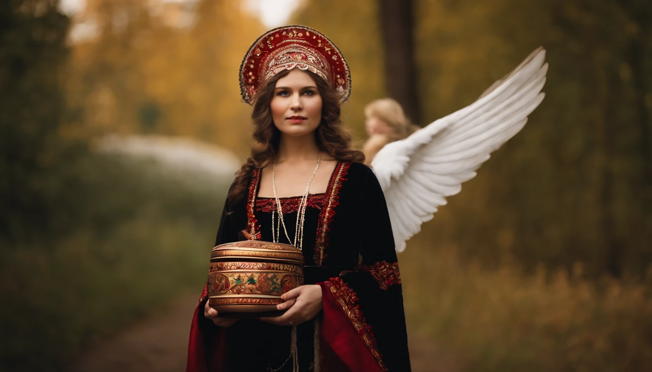 Russian Angel
The Russian angel is dressed in a traditional Russian sarafan with a kokoshnik (headpiece). She holds a balalaika and her wings are designed like Russian nesting dolls (Matryoshka dolls).