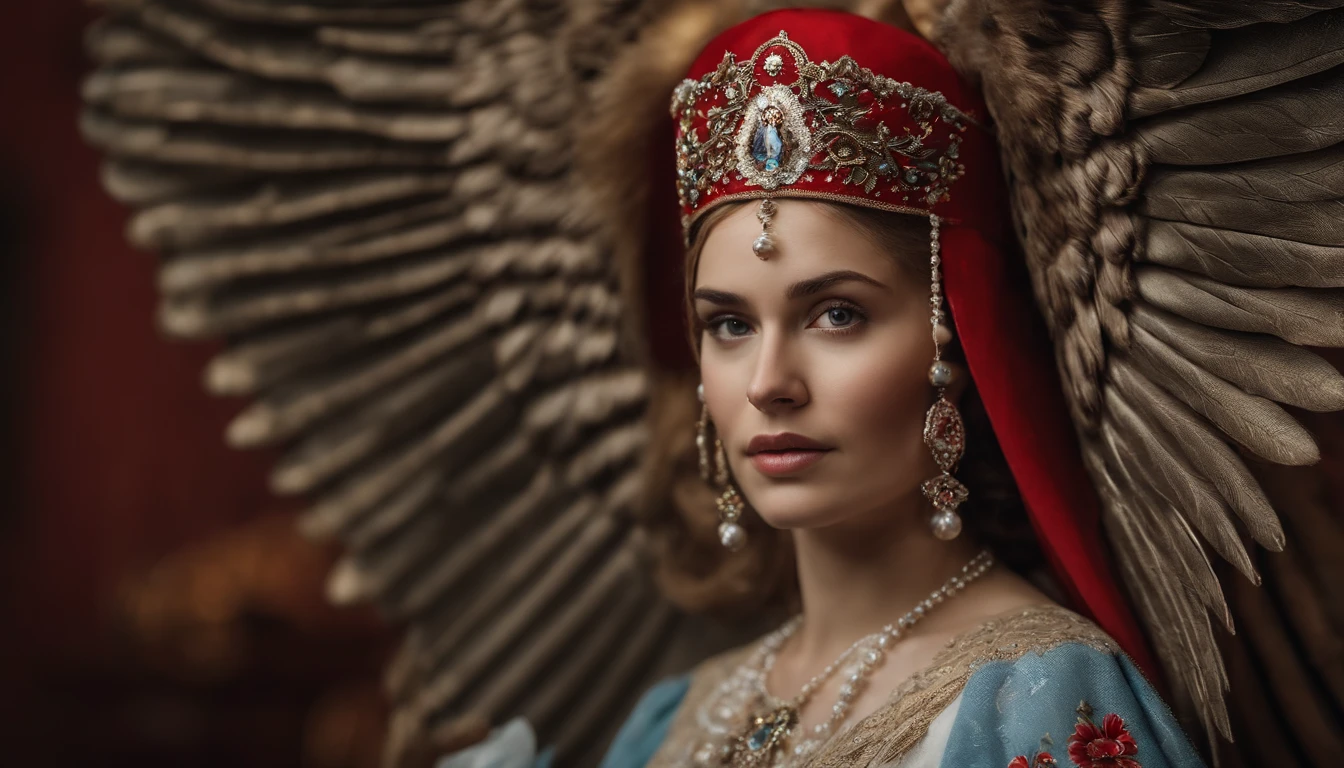 Russian Angel
The Russian angel is dressed in a traditional Russian sarafan with a kokoshnik (headpiece). She holds a balalaika and her wings are designed like Russian nesting dolls (Matryoshka dolls).