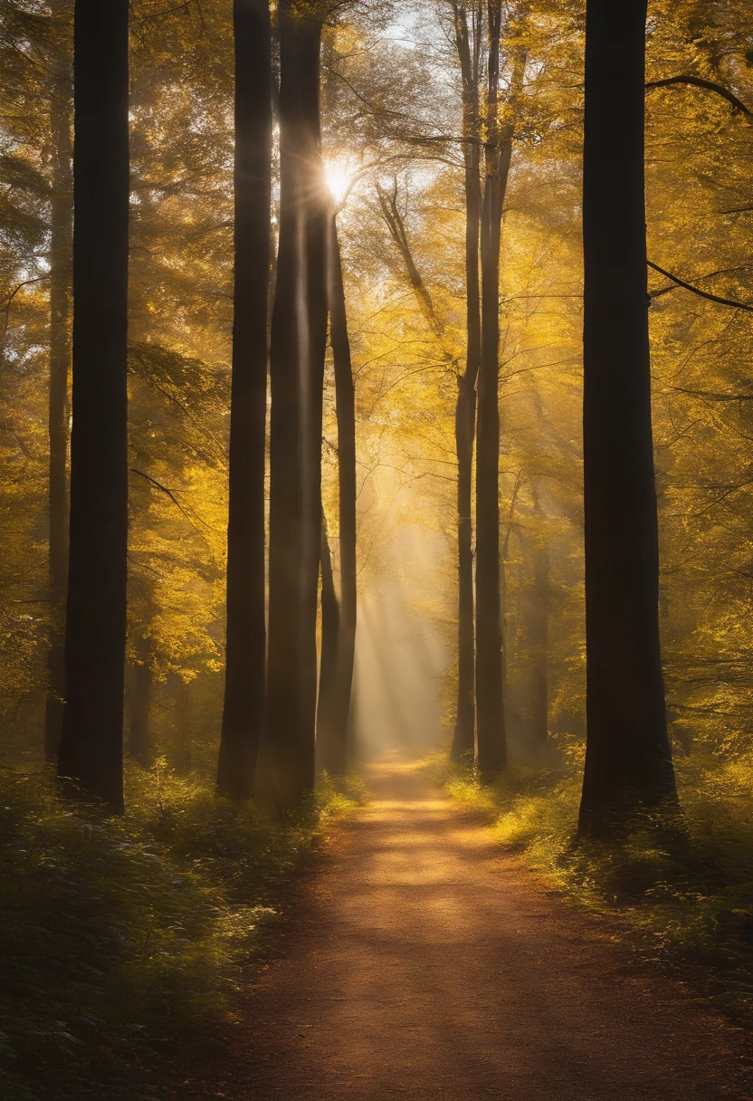 The forest at both side of the road, the white yellow light, many light, brilliant aura, golden, grown, resilience, morden, wake up.