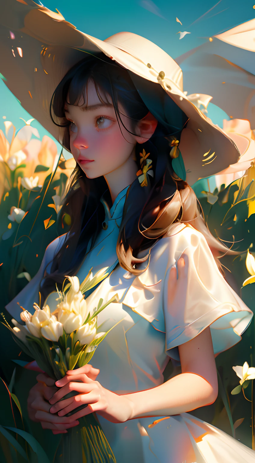 One wearing a baseball cap(Chinese girl:1.2)standing in a wheat field，（Extremely delicate and perfect depiction of the face），Wear a white dress，light fabrics，(Long black hair)，Long silky hair，中景 the scene is，Endless golden wheat fields，blue-sky，Rolling white clouds，The vistas are trees and birds，Rice fields，There are neat rice seedlings in the field，ln the forest，hillside，Quiet，Rustic，（The setting sun shines obliquely through the clouds），（Extremely detailed picture depiction），high definition detail、Hyper-detailing、cinematic ligh、ultra-realistic realism、Soft light、Deep field focus bokeh、Ray tracing and surrealism，（octanerender），（8k wallpaper），（Noticeable light and shadow effects），（Light particle tracing），（White balance），（cinmatic lighting），（Masterpiece），（Master painting），realisticlying