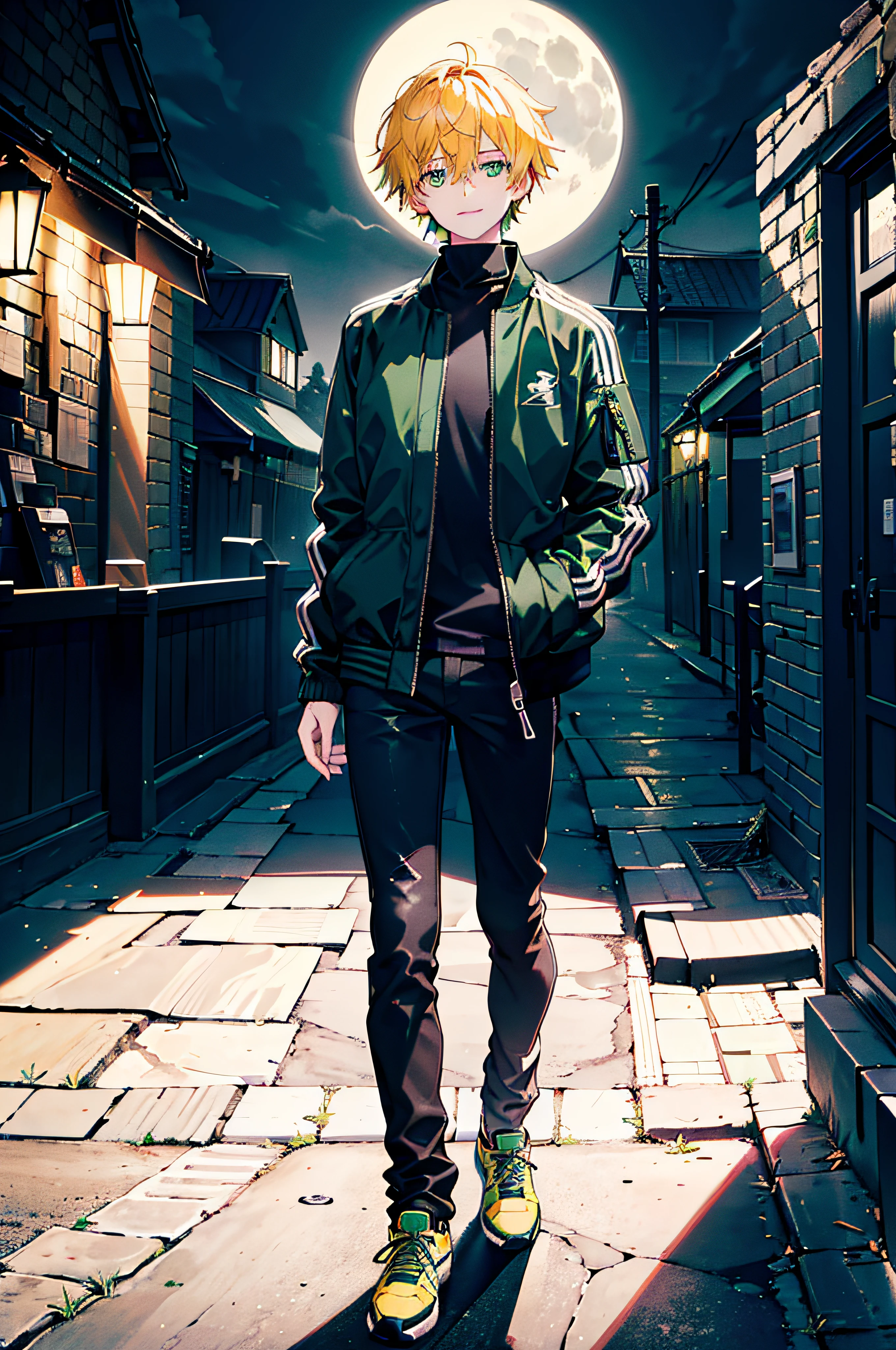 (1man with green jacket standing, black shirt:turtleneck, blue jeans, dark green jacket, bomber jacket, layered hairstyle, hair bangs, yellow hair, young man with green eyes, looking to his side, friendly smile, empty hands, gray sneakers), comfy tavern, illuminating, full moon:yellow,  night, sky:black, (beautiful, HD, ultrasharp, 8K, masterpiece)