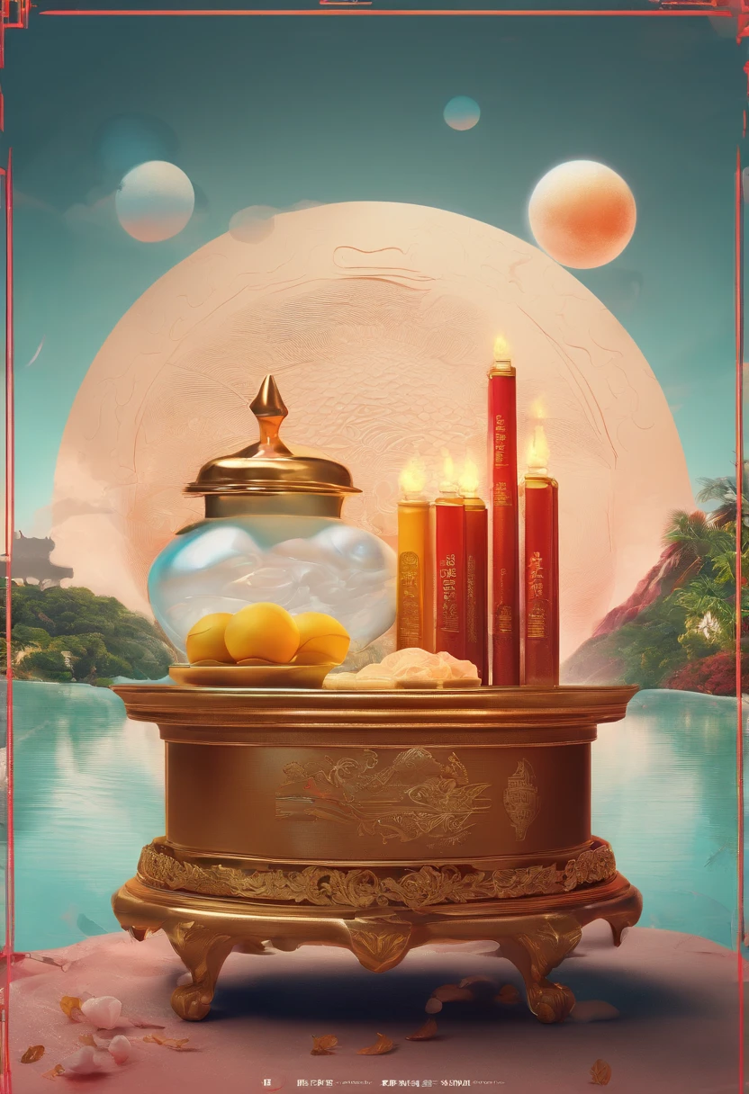 4K，Commercial shooting, Shoot from a retro perspective，during night，Huge Full Moon，A small amount of smoke，The main object is a bottle of coconut milk，A small amount of Cantonese egg yolk mooncakes, Mooncake size, poster for, Fresh style background, , Booth lighting, Attractive, photorealistic colors, Ultra HD，tmasterpiece，romanticism lain，anaglyph, Atmospheric perspective, Ray tracing, Minimalism, Ray tracing, Close-up, 8K, Super detail, ccurate, Best quality, hyper HD