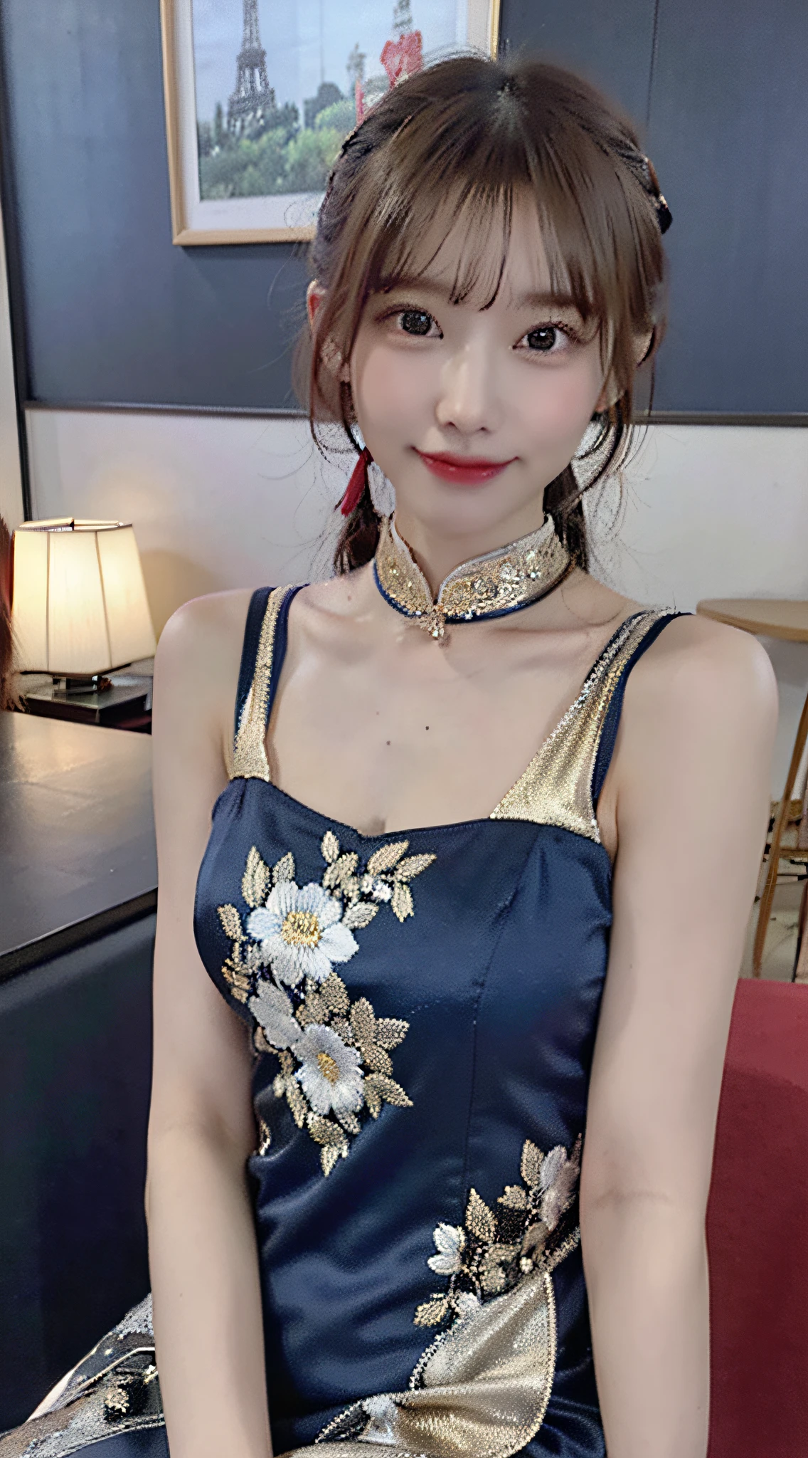 ((Night view, realistic light, best quality, 8k, masterpiece: 1.3)), 1girl, beautiful woman with slender figure, brown hair, wearing blue cheongsam, embroidered, sleeveless, sexy, split end, long legs, sofa, super detailed face, detailed eyes, double eyelids