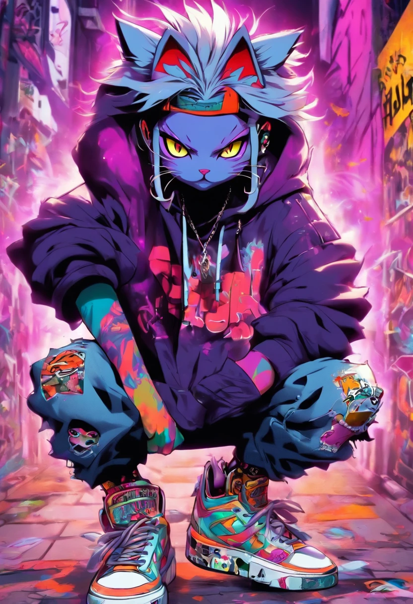 A cool and trendy cat, platinum hair, purple eyes, wearing trendy hip hop clothing, wearing a hoodie, graphic t-shirt and torn jeans, tons of tattoos and piercings, graffiti style background, highly detailed background, perfect masterpiece, high quality, high resolution