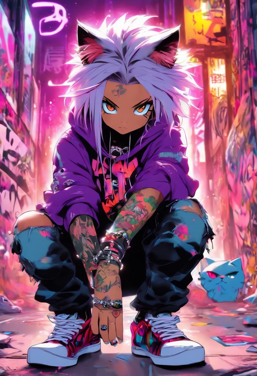 A cool and trendy cat, platinum hair, purple eyes, wearing trendy hip hop clothing, wearing a hoodie, graphic t-shirt and torn jeans, tons of tattoos and piercings, graffiti style background, highly detailed background, perfect masterpiece, high quality, high resolution