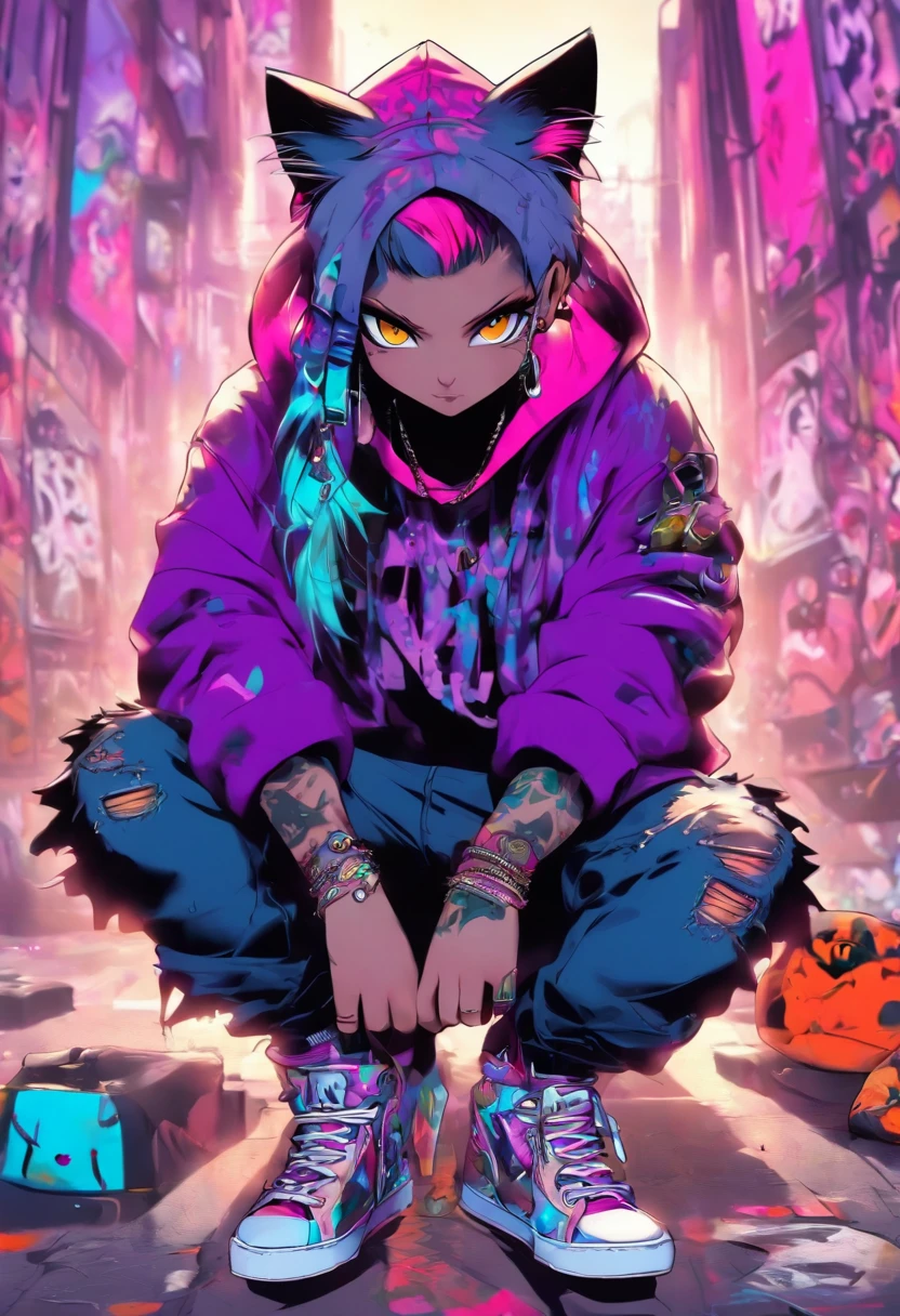 A cool and trendy cat, platinum hair, purple eyes, wearing trendy hip hop clothing, wearing a hoodie, graphic t-shirt and torn jeans, tons of tattoos and piercings, graffiti style background, highly detailed background, perfect masterpiece, high quality, high resolution