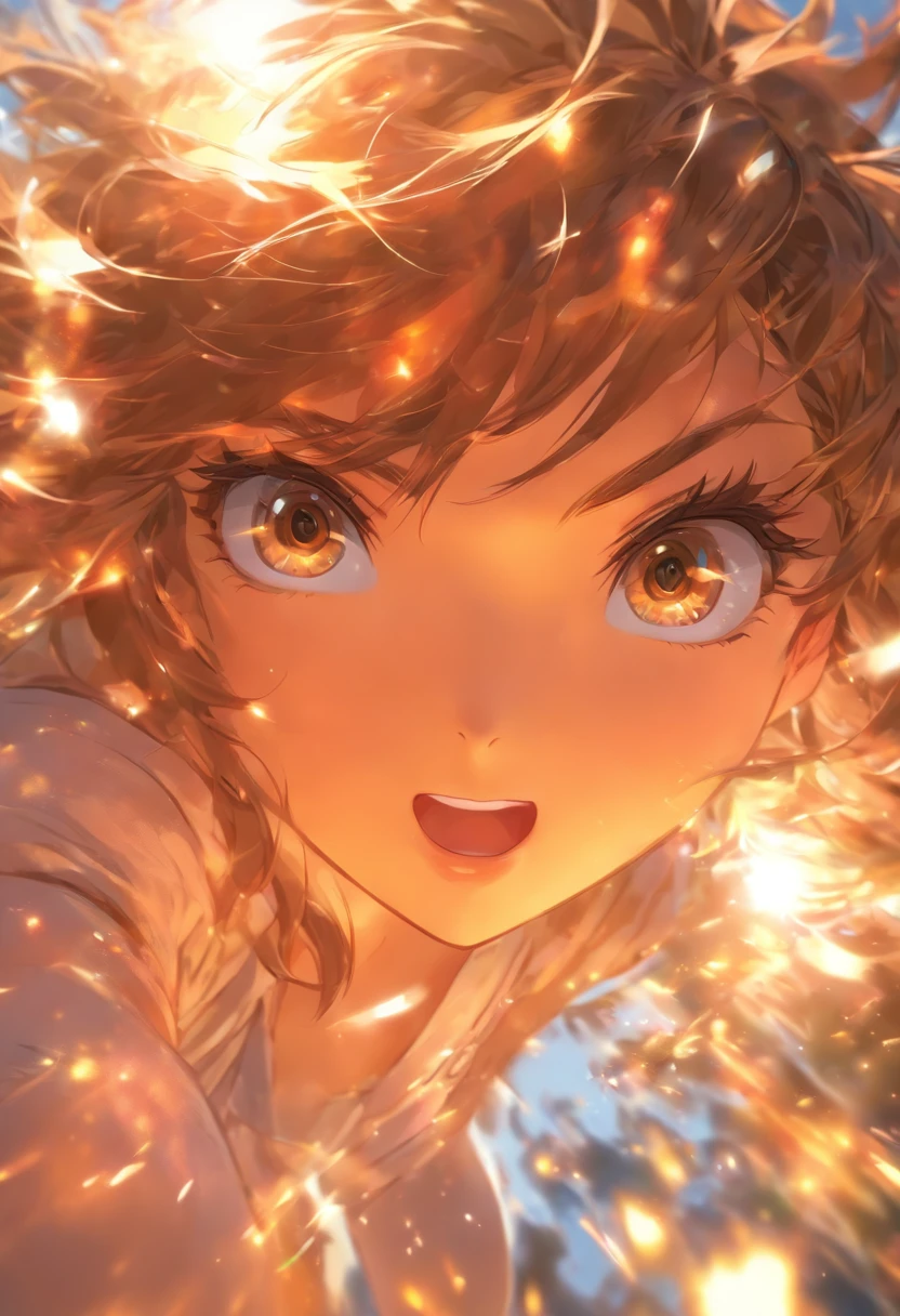 foreshortening,  depth of field, masterpiece, best quality, 1girl, brown hair, brown eyes,  long hair, solo, looking at viewer, dappled sunlight, small breasts, bare shoulders