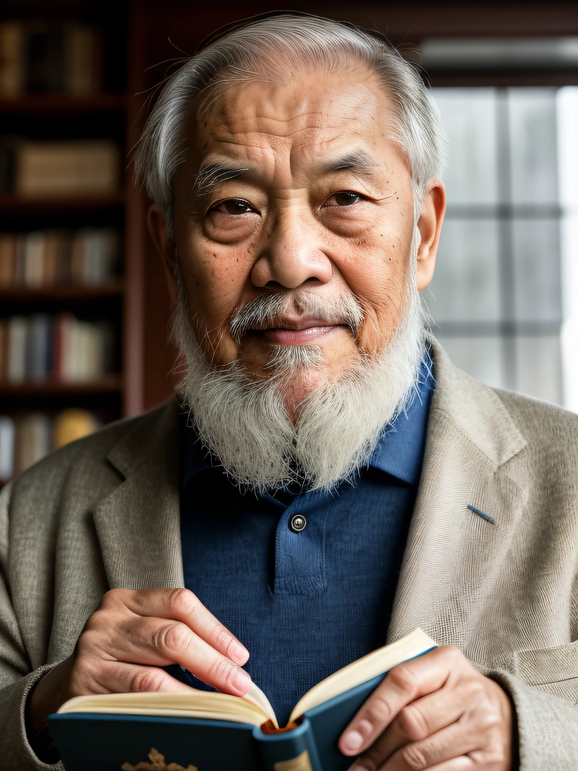 Hyper-Resolution, Ultra photo realsisim, cinema shot, Vignette, Portrait of an 80-year-old Asian father,Look at the viewer,Elderly father,Books in hand,Spiritual elderly,Single image,Thin and thin, Old blue eyes, Short white hair,White Viking beard, Narrow face,dark-skin, Wide shoulders, Weathered by sunlight and water, Gold pattern royal twin peaks, The Royal Chambers camera is focused on the eye, High focal length, Bust photo,Faraway view,Digital SLR, Dark Studio, rim lit, twotonelighting, Dimly lit, low tune, Backlight,