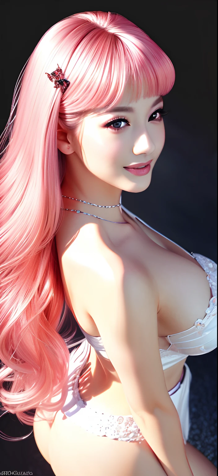 (best quality,ultra-detailed,realistic:1.37),HDR,close-up of a woman, beautiful detailed eyes, beautiful detailed lips, long eyelashes, straight white teeth, flawless skin, lustrous hair, elegant posture, stunning features, from above, pink hair, breasts, big breasts