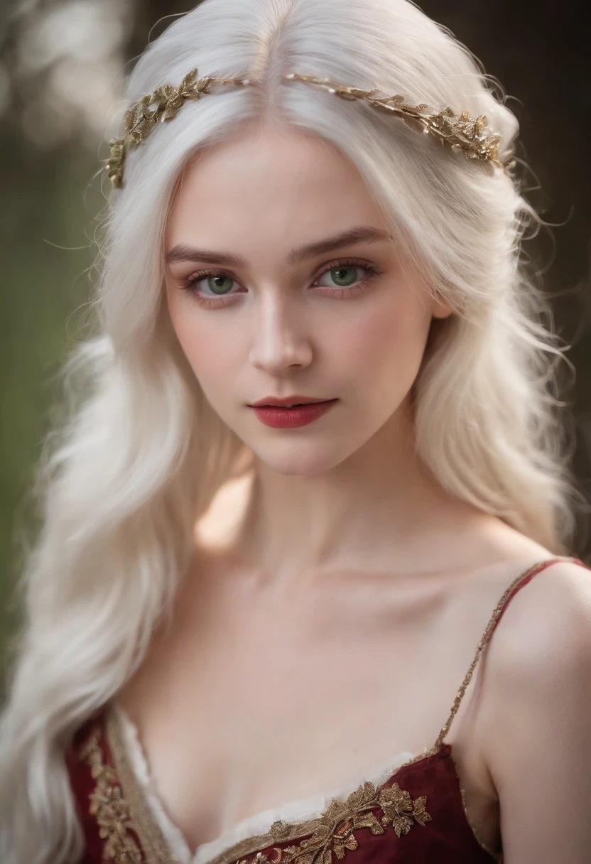 (((a deep reddish wound crosses her left cheek))) fair complexion, woman around 19 years old, natural white hair, distinctive green eyes, wearing kohl, slender and graceful, beautiful, candlelight in a medieval setting, ultra sharp focus, realistic shot, medieval female clothes, tetradic colors (scar:1.4) naked, topless, big boobs, huge breasts