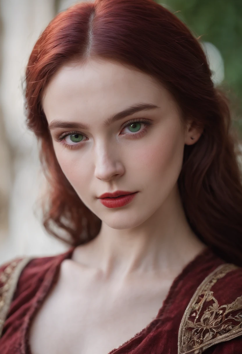 (((a deep reddish wound crosses her left cheek))) fair complexion, woman around 19 years old, natural white hair, distinctive green eyes, wearing kohl, slender and graceful, beautiful, candlelight in a medieval setting, ultra sharp focus, realistic shot, medieval female clothes, tetradic colors (scar:1.4)
