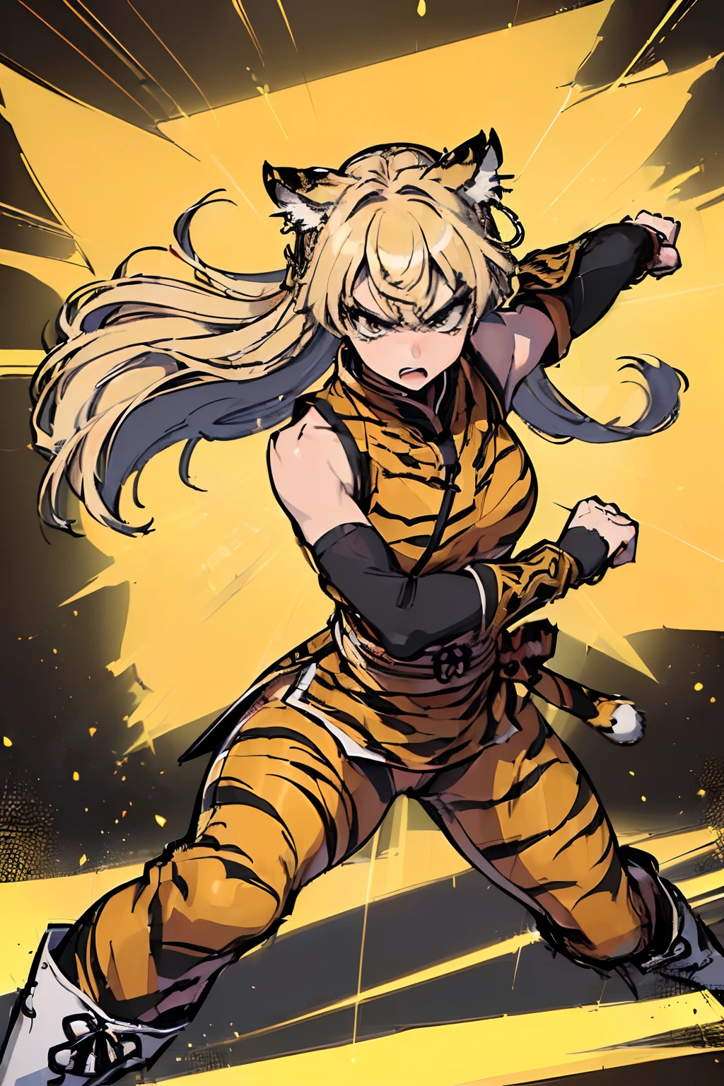 20yo 1girl, solo, (angry:1.2), small chest, (muscular:1.2), (blonde long hair, tiger print bang:1.2), (tiger ears, locket necklace, triangle locket:1.2), (tiger print long pant, tiger print elbow gloves, black knee boot:1.2) full body, (fighting stance, kung fu, kung hu pose, kung fu action, dynamic angle, battle, The girl is attacking at great speed, high speed action, the girl is moving at great speed, afterimage:1.4), ( light particles, motion lines, speed lines, motion blur, The girl's hair flutter wildly in the wind, high speed:1.4), (fantasy, rubble, Burning, medieval European fantasy world:1.4),