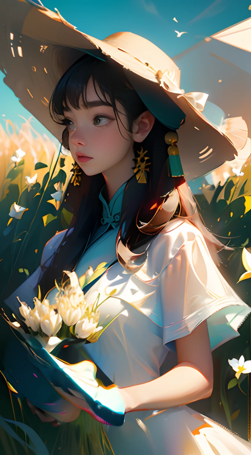 One wearing a baseball cap(Chinese girl:1.2)standing in a wheat field，（Extremely delicate and perfect depiction of the face），Wear a white dress，light fabrics，(Long black hair)，Long silky hair，中景 the scene is，Endless golden wheat fields，blue-sky，Rolling white clouds，The vistas are trees and birds，Rice fields，There are neat rice seedlings in the field，ln the forest，hillside，Quiet，Rustic，（The setting sun shines obliquely through the clouds），（Extremely detailed picture depiction），high definition detail、Hyper-detailing、cinematic ligh、ultra-realistic realism、Soft light、Deep field focus bokeh、Ray tracing and surrealism，（octanerender），（8k wallpaper），（Noticeable light and shadow effects），（Light particle tracing），（White balance），（cinmatic lighting），（Masterpiece），（Master painting），realisticlying