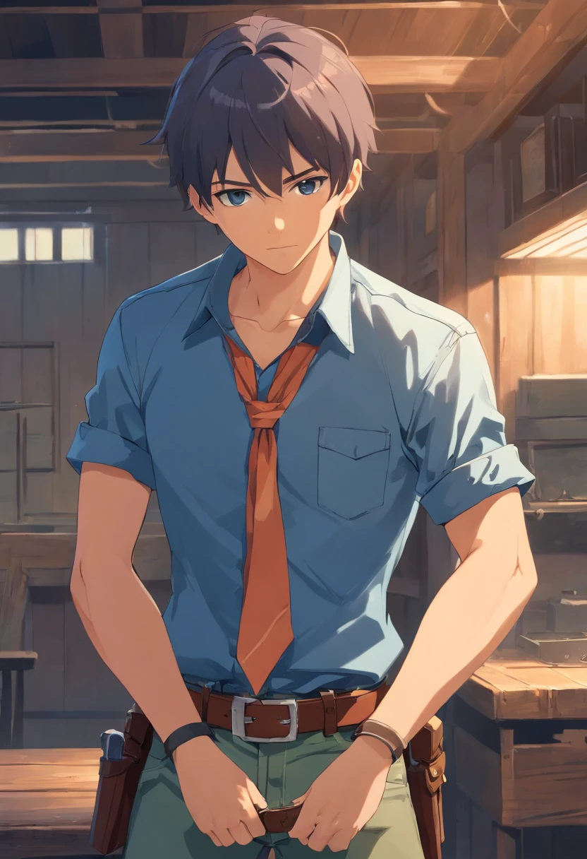 cowboy, rugged, Blue shirt, Hat, Gun belt, Short hair, clean shaven, Crossed arms, Neckerchief