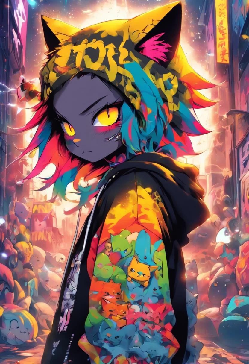 A cool and trendy cat, raunbow colored hair, yellow eyes, wearing trendy hip hop clothing, wearing a hoodie, graphic t-shirt and torn jeans, tons of tattoos and piercings, graffiti style background, highly detailed background, perfect masterpiece, high quality, high resolution