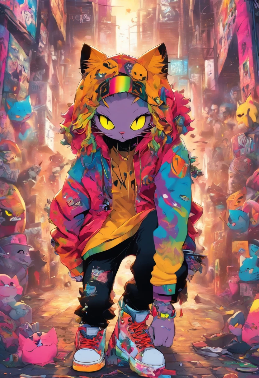 A cool and trendy cat, raunbow colored hair, yellow eyes, wearing trendy hip hop clothing, wearing a hoodie, graphic t-shirt and torn jeans, tons of tattoos and piercings, graffiti style background, highly detailed background, perfect masterpiece, high quality, high resolution