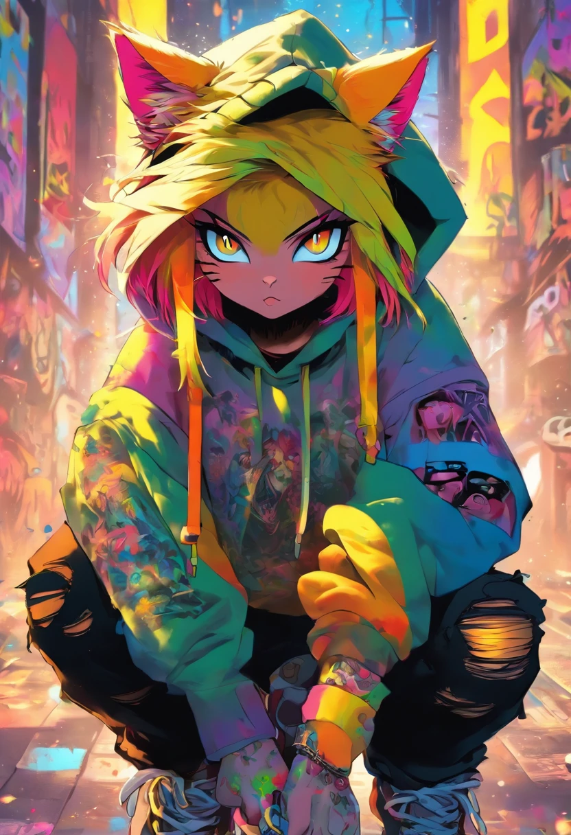 A cool and trendy cat, raunbow colored hair, yellow eyes, wearing trendy hip hop clothing, wearing a hoodie, graphic t-shirt and torn jeans, tons of tattoos and piercings, graffiti style background, highly detailed background, perfect masterpiece, high quality, high resolution
