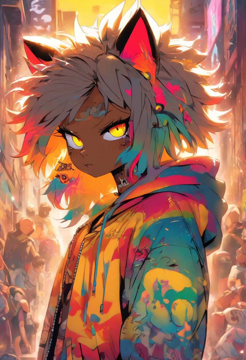 A cool and trendy cat, raunbow colored hair, yellow eyes, wearing trendy hip hop clothing, wearing a hoodie, graphic t-shirt and torn jeans, tons of tattoos and piercings, graffiti style background, highly detailed background, perfect masterpiece, high quality, high resolution