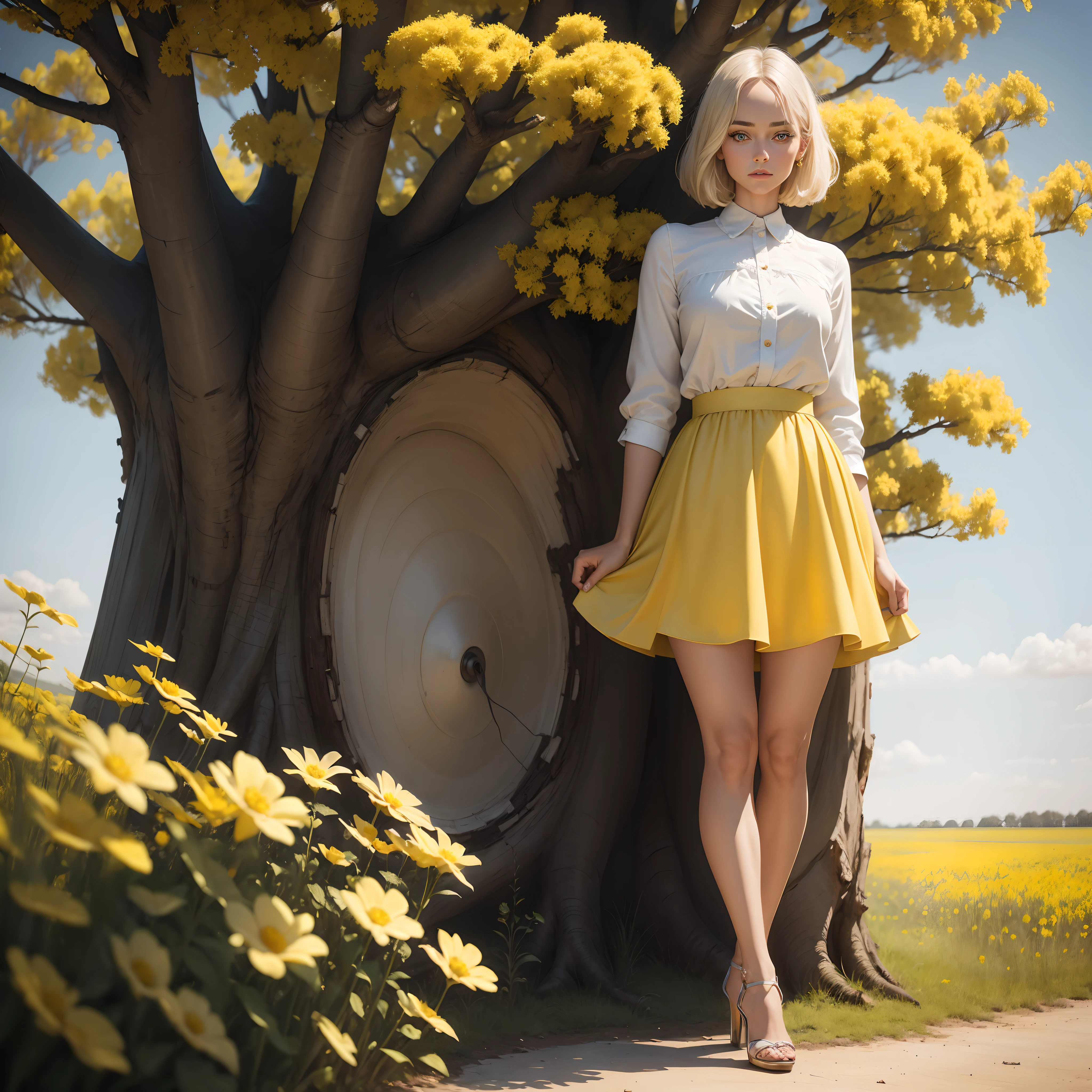 Female ，The face of Margot Robie ，She  is in a skirt，Wear high heels and stands near a tree ，The background is a yellow flowers fields.