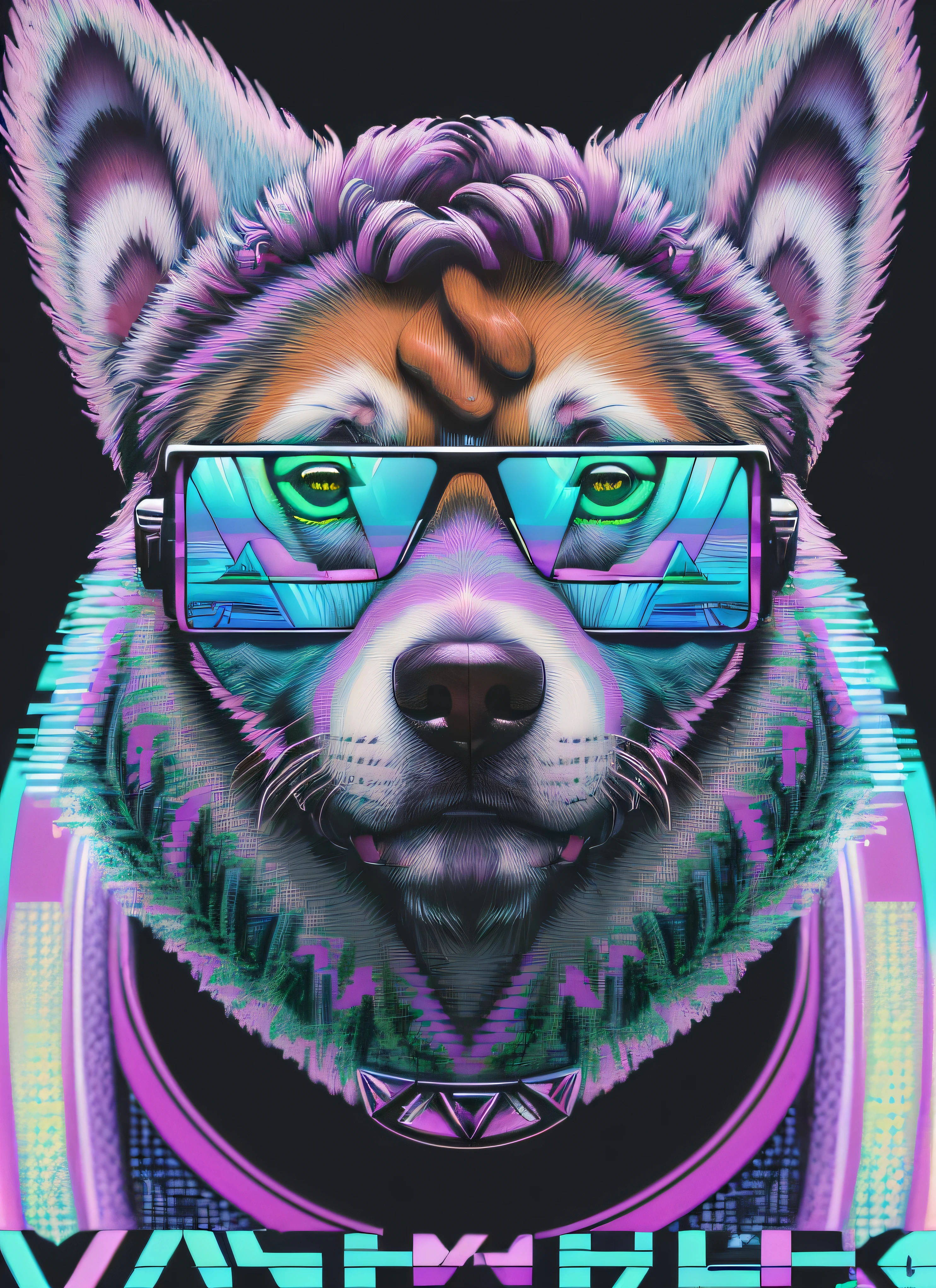 8K, masterpiece, (album cover artwork of a dog in vaporwave style:1.5), obscured sunglasses, palm trees, ((minimalist, geometric, fractal)), 4 legs, ((neon colours)), ((dark background)), triangles