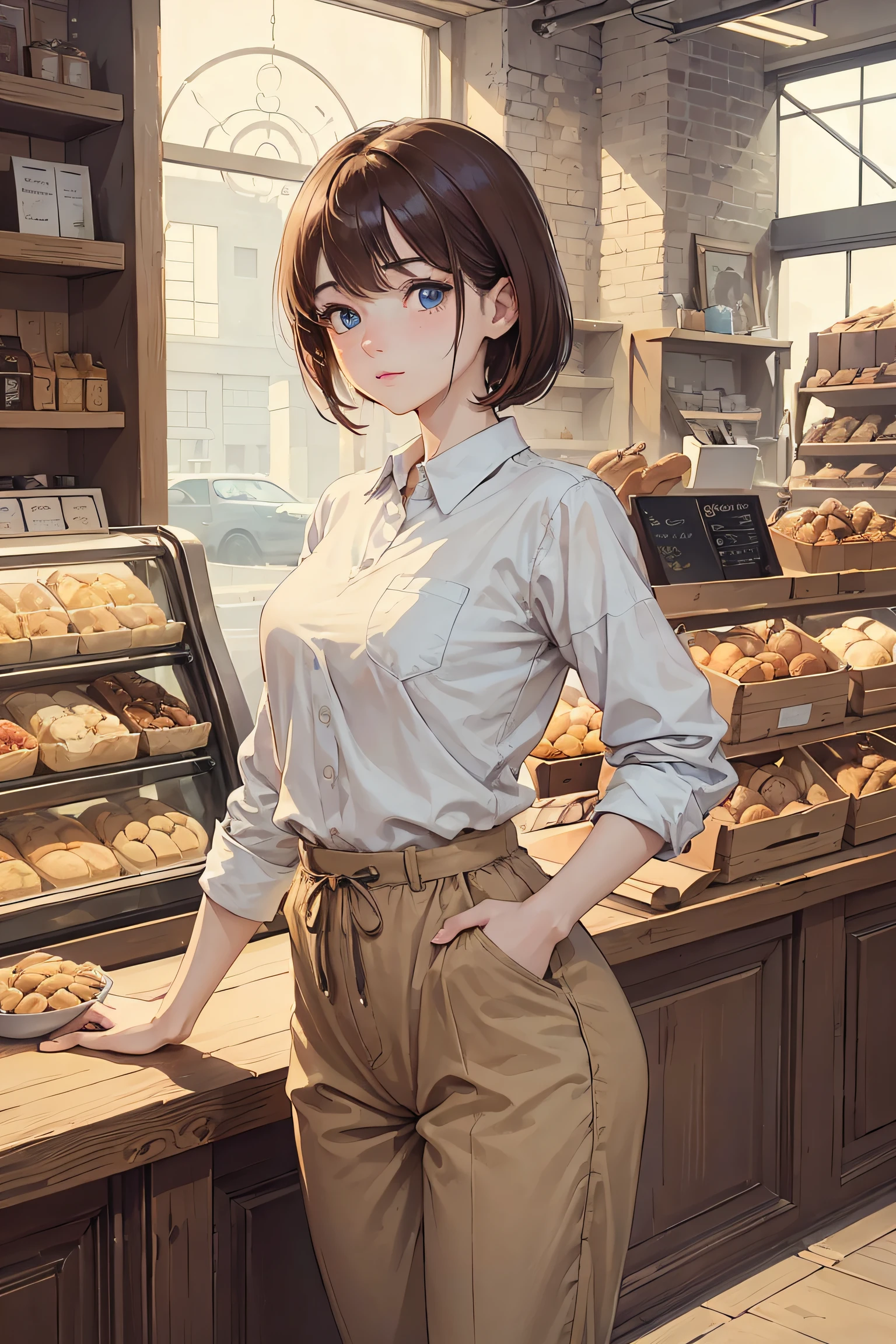 a young women, 25years, working in bakery store, standing behind cashier counter, small place full of bread, standing, wear brown pants, wear blue apron, white shirt, brown pants, blue eyes, freckles, short ginger hair, masterpiece, best quality, detailed skin, detailed eyes,8k, good shading, beautiful strokes, detailed background, good anatomy 40k, photography, masterpiece, best quality, ((((masterpiece)))), high quality, very_high_resolution, large_filesize, full color, beauty,