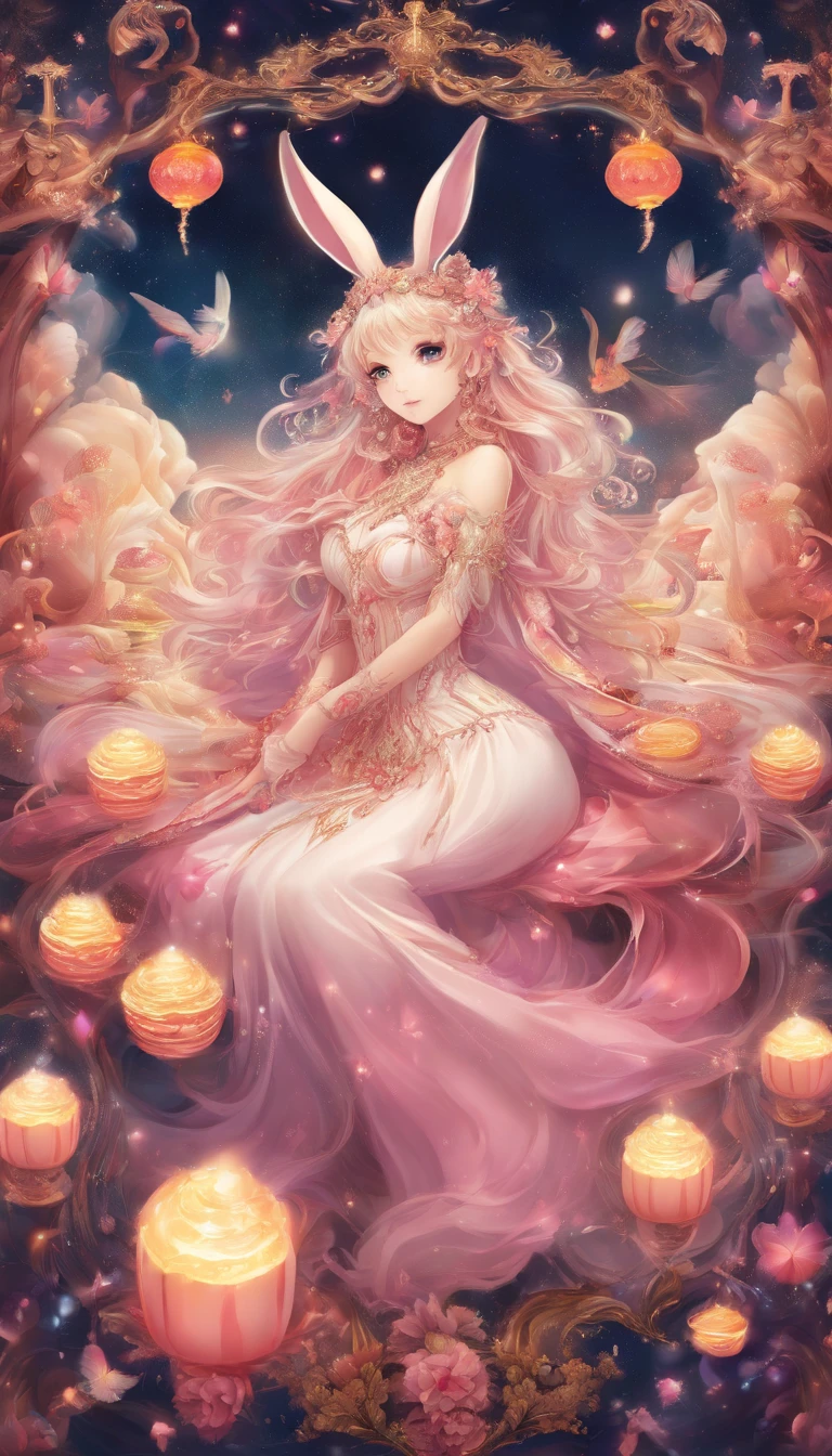 edgBunny，Eat mooncakes，Laurel，Moon，The light is depicted in detail，oc rendered，high qulity，tmasterpiece，Hyper-realistic，Ultra photo realsisim，8K，super-fine，ultra - detailed，Ultra-wide angle of view，dynamic viewing angle
