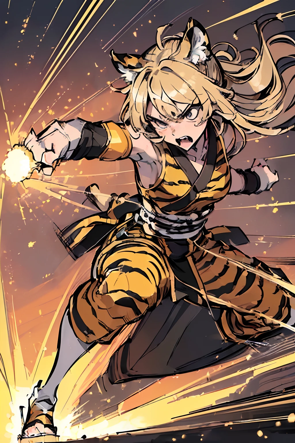 20yo 1girl, solo, (angry:1.2), small chest, (muscular:1.2), (blonde long hair, tiger print bang:1.2), (tiger ears, locket necklace, triangle locket:1.2), (tiger print long pant, tiger print elbow gloves, black knee boot:1.2) full body, symmetric, exceptional, best aesthetic, (fighting stance, kung fu, kung fu pose, kung fu action, dynamic angle, battle, The girl is attacking at great speed, high speed action, the girl is moving at great speed, afterimage, palms:1.5), ( light particles, motion lines, speed lines, motion blur, The girl's hair and clothes flutter wildly in the wind, high speed:1.5), (Rocky areas, rubble)