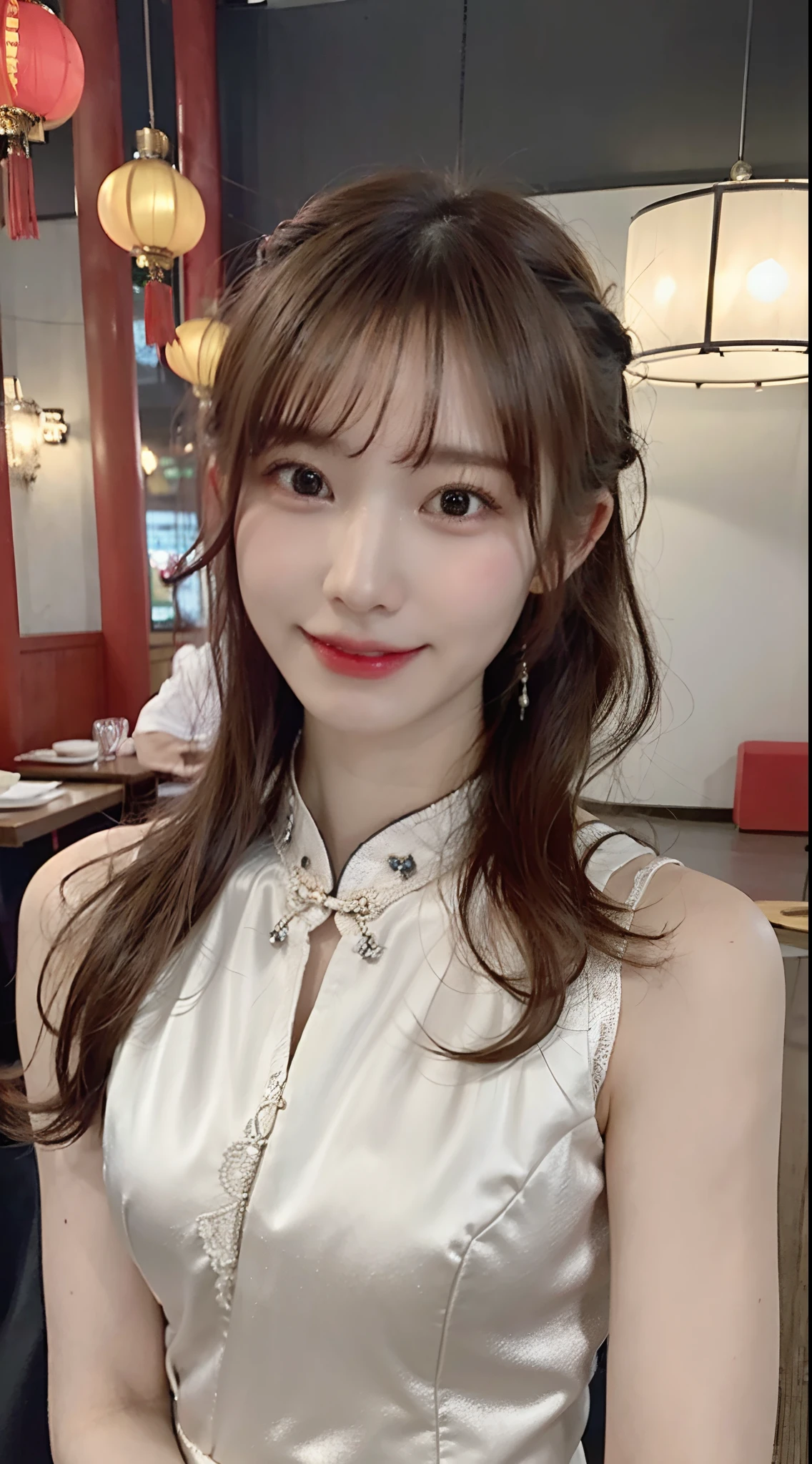 (masterpiece:1.3), (8K, Photorealsitic, Raw photography, Top image quality: 1.4), Japan high school girls、(Hair is tied up:1.2)、Super Detail Face、Eye of Detail、二重まぶた、foco nítido:1.2、prety woman:1.4、light brown hair、top-quality、masterpiece、超A high resolution、(Photorealsitic:1.4)、very detailed and professional lighting、slender、(A smile:1.3)、Wearing a cheongsam、side slits:2.2、((Being in a high-end Chinese restaurant))、