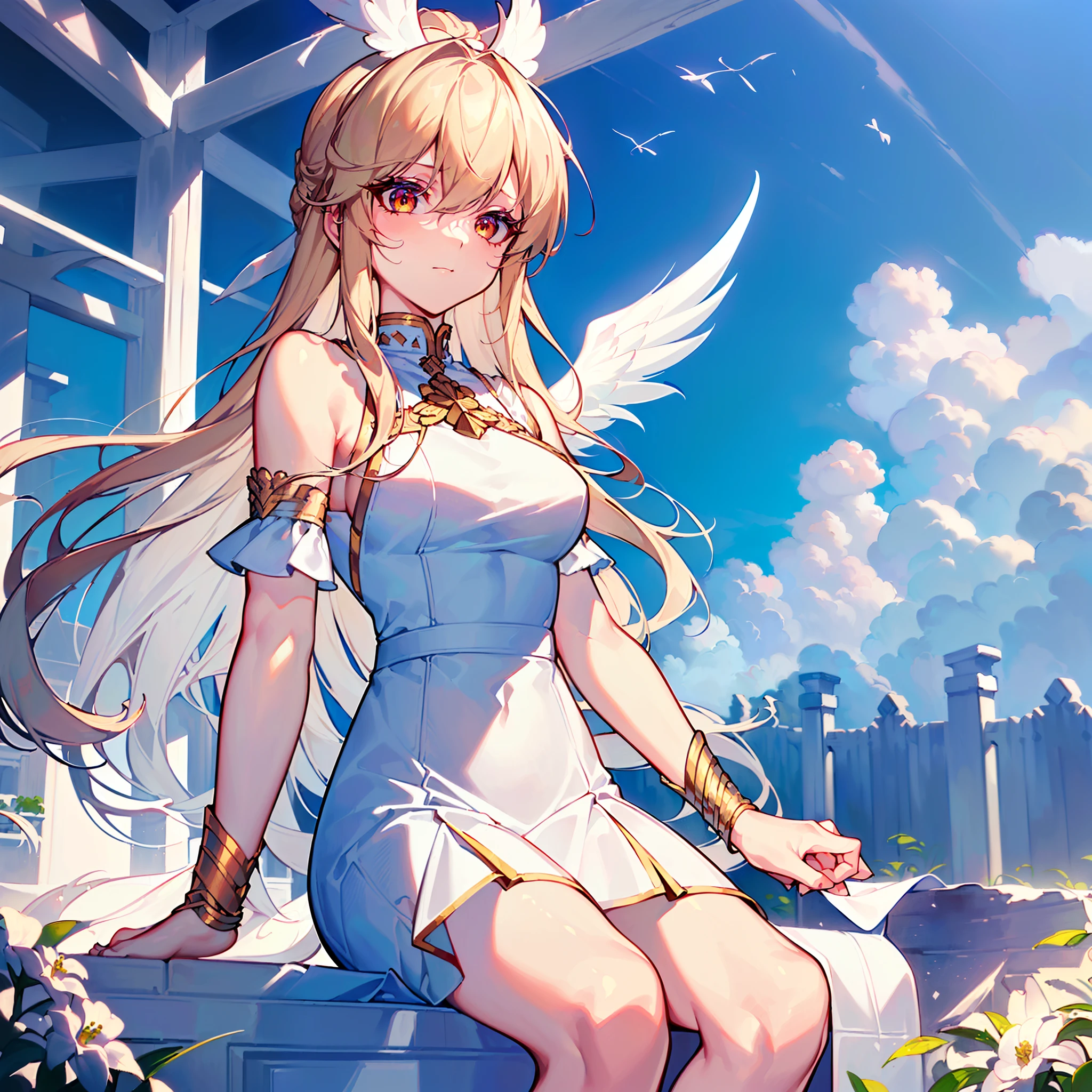 (8k, best quality, tmasterpiece:1.2),\(eye detailed\),\(Facial features\),(\(Clothes detail details\)\),(medium breasts),full body,(Facial focus) ,Very detailed CG unity 8K wallpaper,hugefilesize,ultra - detailed,A high resolution,absurderes,beautidful eyes,Ray traching,dramatic shadow,finely detailled,Dramatic angles,Hyper-detailing,(1 girl:1.3),(Solo),Platinum blonde hair,Shoulder-length hair,Orange-red eyes,high detailed pupil,(A yellow halo suspended overhead:1.3)+(//There is a pair of angel wings on the back，The shape of the wings is similar to the wings of a swan：1.3//),(White dress in the style of Greek costume design：1.4),bare feet,(athletic body:1.2),(Sit on white clouds:1.2)+(White paradise,Houses and fences full of Western classical architectural design:1.3)+[(Inception:1.2)]