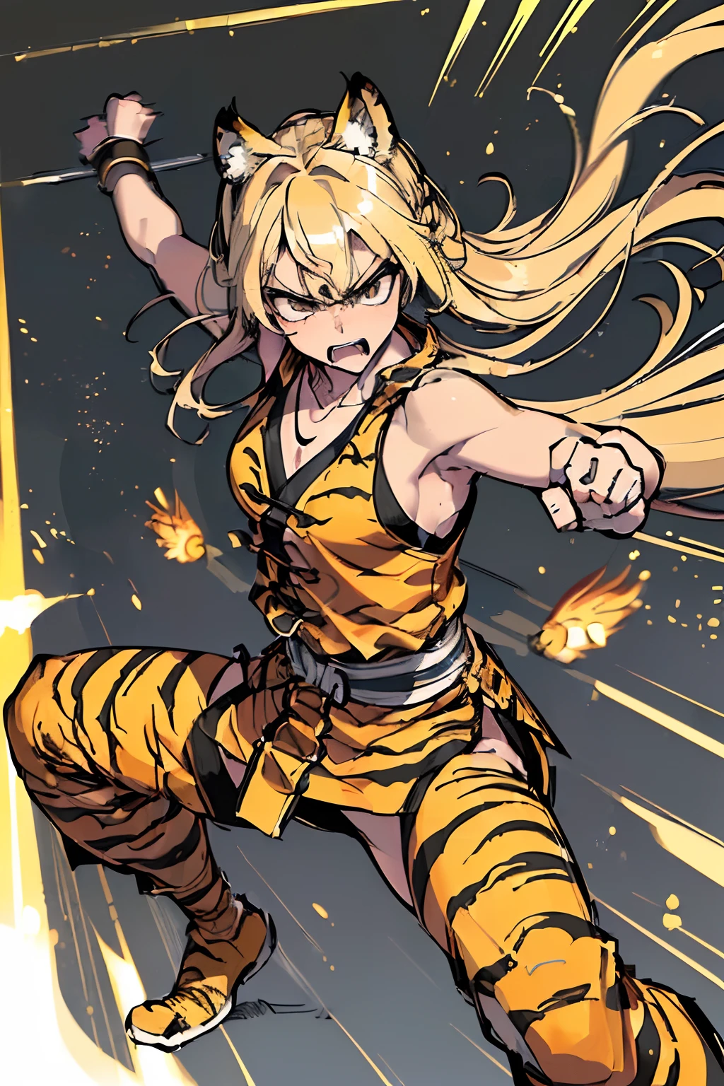 20yo 1girl, solo, (angry:1.2), small chest, (muscular:1.2), (blonde long hair, tiger print bang:1.2), (tiger ears, locket necklace, triangle locket:1.2), (tiger print long pant, tiger print elbow gloves, black knee boot:1.2) full body, (attacking, jumping:1.2), perfect anatomy, perfect design, (motion lines, motion blur:1.5)