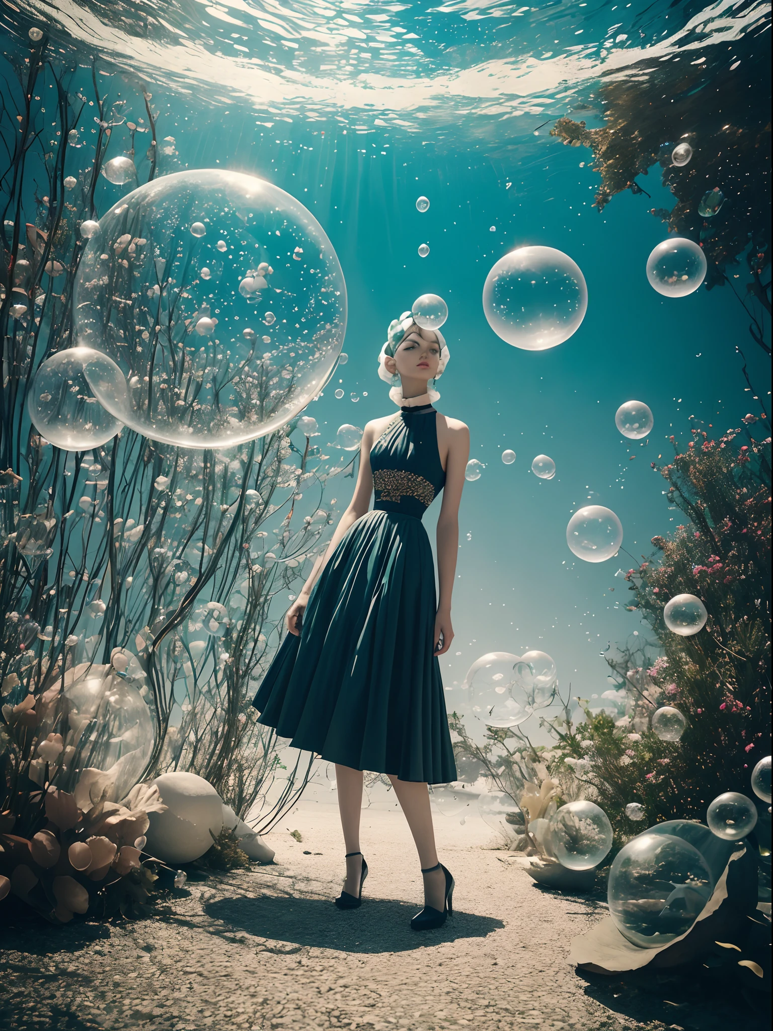 **Surrealism, dream-core, vintage fashion, editorial, abstract art, emptiness, bubbles and glassess, less color involved, faded, natural sunlights, fairyland with oceans, minimalism. --ar 16:9 --9 2 --s 750**