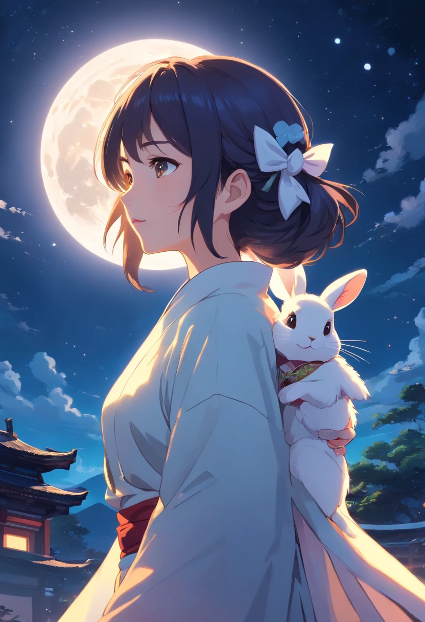super high image quality,Full moon night,under the starry night sky,Beautiful oriental mature woman,Wearing ancient Chinese white clothes with fairy air,Eyes filled with tears,Melancholy looking back,Holding a cute white jade-like rabbit