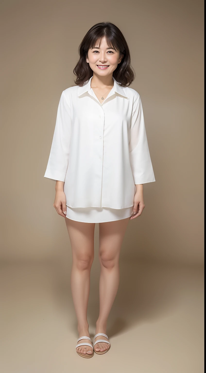 Masterpiece,Best quality, (maam. clerk:1), ((Portrait:1.3)), Cross arms，Large room，Chest straight， Smile，DEEP-V COLLAR，Long white legs，Plain transparent sandals，skin hyper-detail，Clear pores，in a panoramic view，Cocked buttocks，No underwear，Beautiful young Japanese woman over 45 years old,  Perfect face, Fantastic look,  (Detailed facial features),  Clean and nice face，
