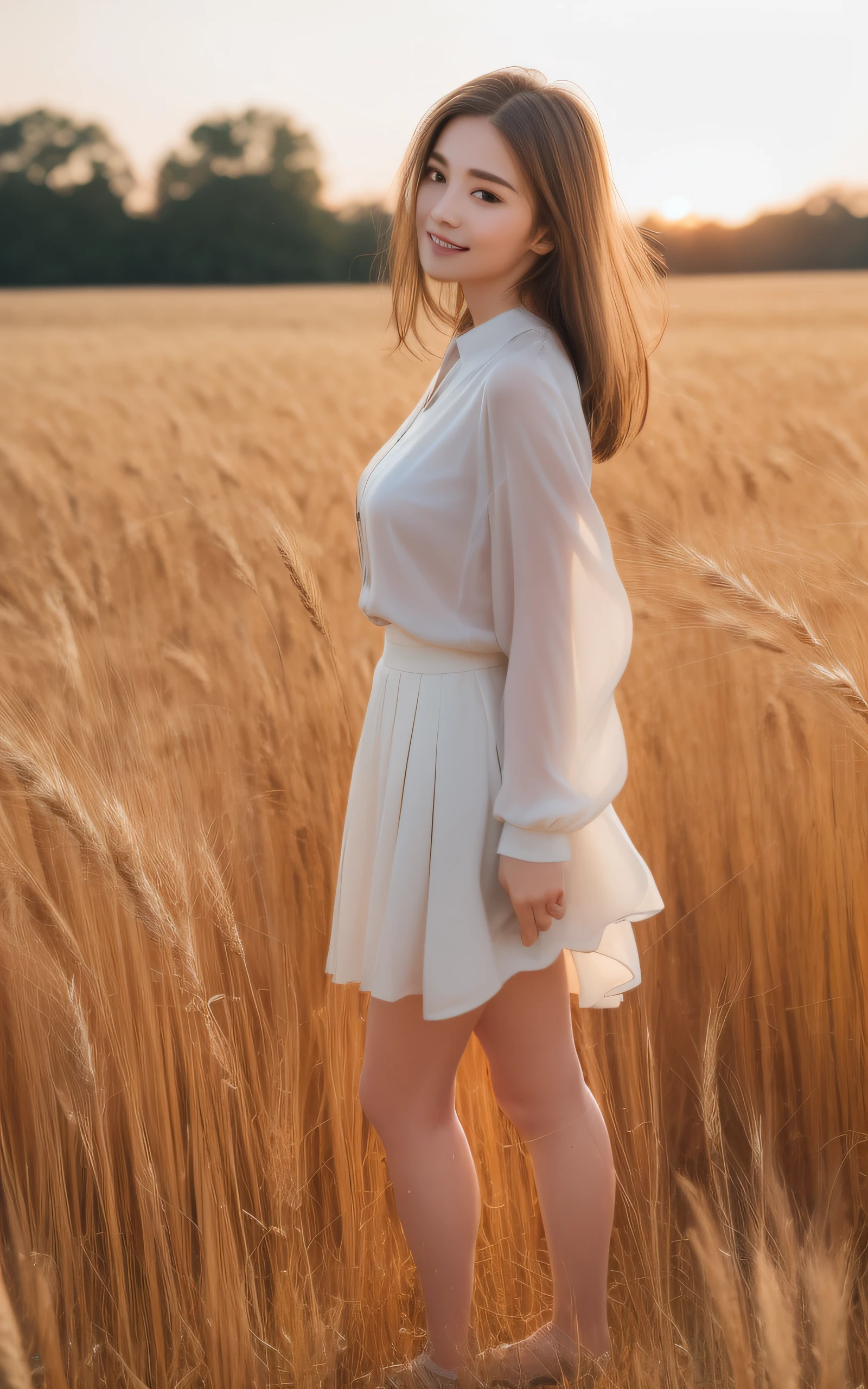 Top quality, realistic, perfect human body structure, very detailed, very delicate and beautiful, RAW photography, Rustic farm with rolling fields of golden wheat, professional lighting, luminescence, depth of field, single focal, ((full body:1.5)), smile, brown hair, small head, big breasts, baby face, beautiful eyes, real face, realistic skin, detailed eyes, (fashionable hairstyle: 1.3), gravure idol, Silk Blouse, midi skirt , absurderes、Incredibly Ridiculous res、Extremely fine,
