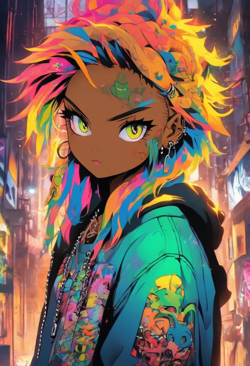 A cool and trendy cat, rainbow colored hair, yellow eyes, wearing trendy hip hop clothing, wearing a hoodie, graphic t-shirt and torn jeans, tons of tattoos and piercings, graffiti style background, highly detailed background, perfect masterpiece, high quality, high resolution