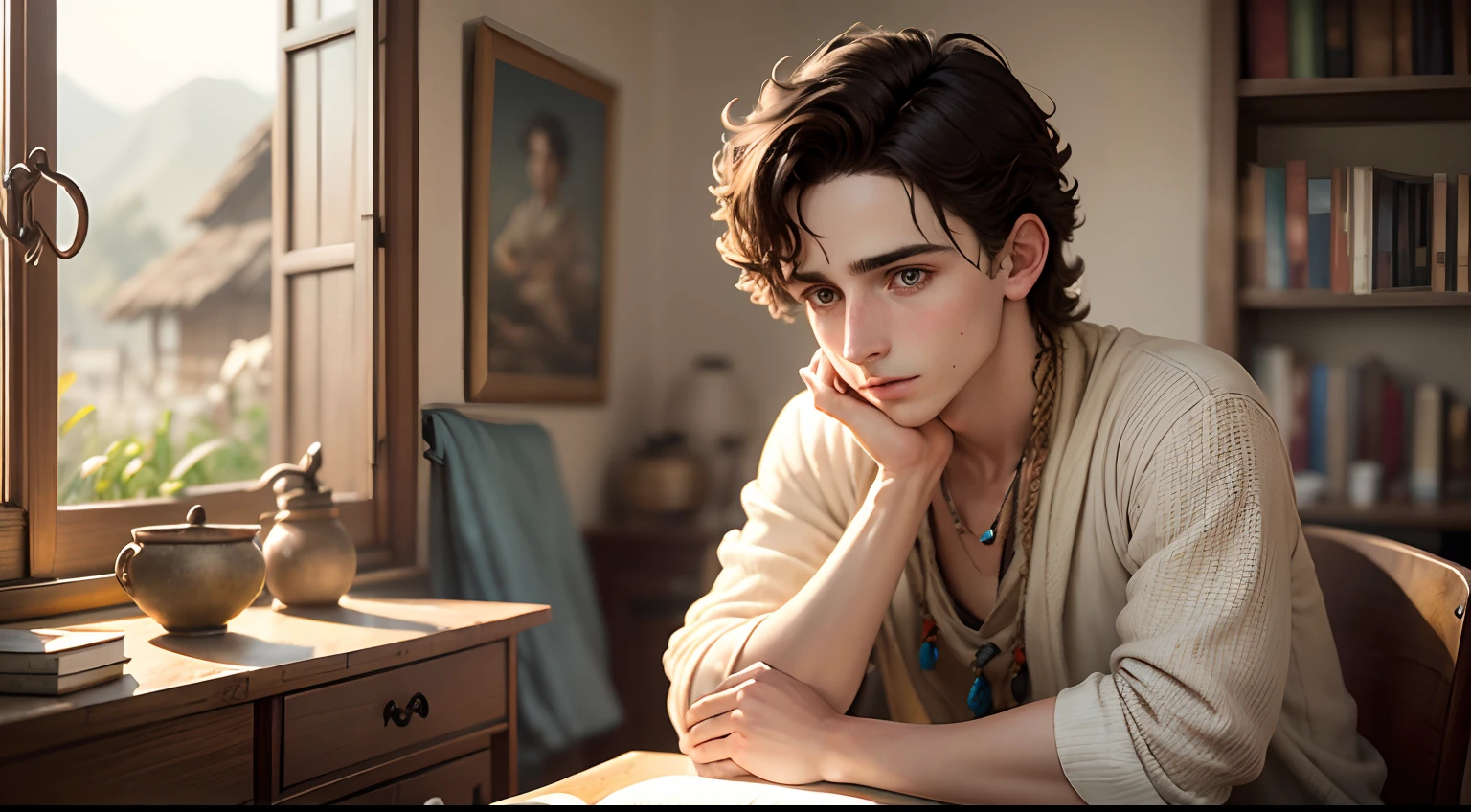Subject: Timothée Chalamet
Background context: A serene Indian village with rolling hills in the backdrop.
Description: Timothy, a young man in his early twenties, is seen studying at a wooden desk in his modest room. Sunlight filters through the window, casting a warm glow on his face and the books strewn around him.
Time of Day: Late morning.
Type of Image: Close-up of Timothy.
Type of Lighting: Soft, natural daylight.
Color detail: Earthy tones for the village setting, warm light on Timothy.
Art Styles: Realistic with a touch of warmth and nostalgia.
Art Inspirations: Indian rural life paintings.
Environment: Timothy's simple room in the village.
Camera Shot: Over Timothy's shoulder.
Camera Lens: Standard lens.
Render Related Information: Focus on Timothée Chalamet with a slightly blurred background.
Action reference: Timothée Chalamet engrossed in his studies.
Each character looks like:
timothée chalamet: Lean, with tousled hair, wearing simple, traditional Indian clothing.
Each Character's Pose: Timothée Chalamet hunched over his books, deep in thought.