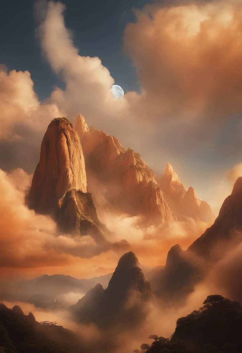 Transform the attractions of Fanjing Mountain，Angels without human feelings, the creator of the universe, mito, In the background of the image, Sky mountain view, orange clouds. The style of the image should be caricature, With strong and eye-catching brushstrokes, As well as the mythology and angelic breath of the characters