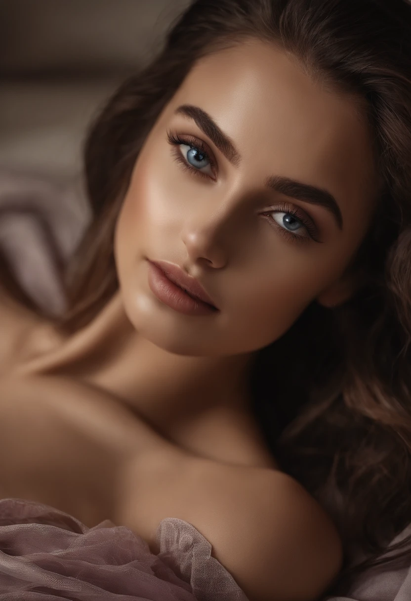 Arafed woman completely , fille sexy aux yeux bruns, ultra realist, Meticulously detailed, Portrait Sophie Mudd, cheveux bruns et grands yeux, selfie of a young woman, Yeux de chambre, Violet Myers, sans maquillage, maquillage naturel, looking straight at camera, Visage avec Artgram, Maquillage subtil, Great photo of the whole body kneeling on the bed, dans la chambre, Medium to large bust nude ultra sexy lingerie