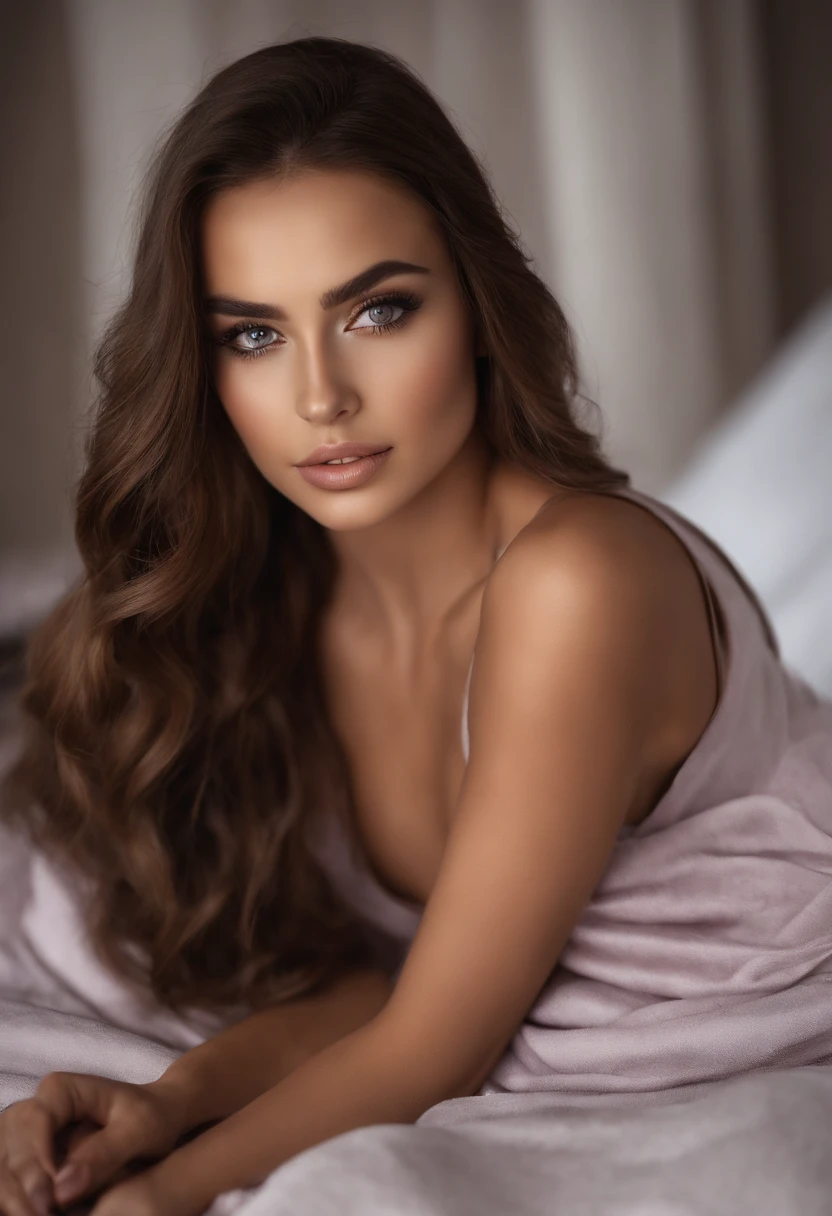 Arafed woman completely , fille sexy aux yeux bruns, ultra realist, Meticulously detailed, Portrait Sophie Mudd, cheveux bruns et grands yeux, selfie of a young woman, Dubai Eyes, Violet Myers, sans maquillage, maquillage naturel, looking straight at camera, Visage avec Artgram, Maquillage subtil, Great photo of the whole body kneeling on the bed, dans la chambre, Medium to large bust