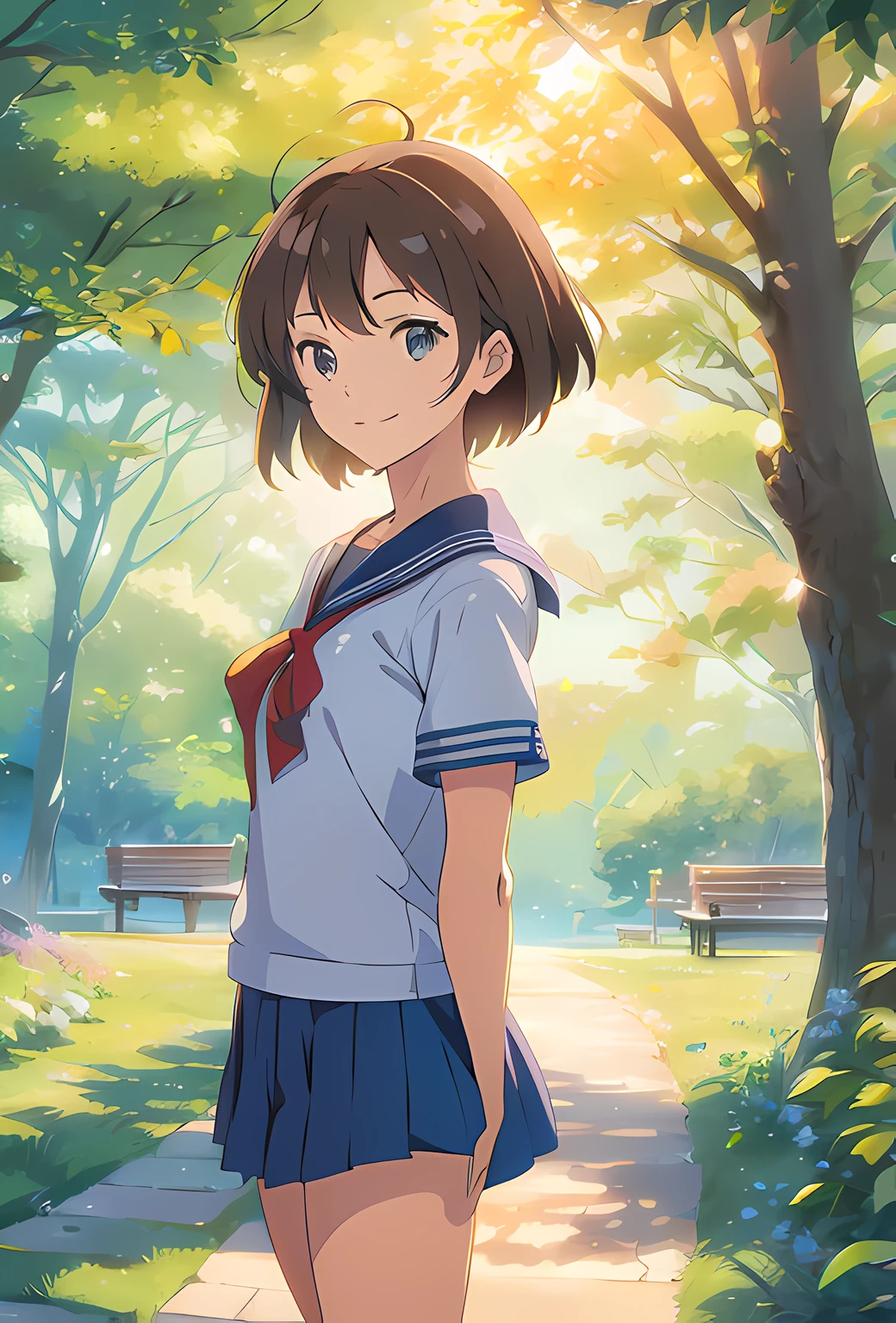 Anime girl in uniform standing in park, By Shinkai Makoto. a digital rendering, makoto shinkai art style, Shinkai Makoto style, in the style of makoto shinkai, Official art, Anime visuals of cute girls, By Shinkai Makoto!, Smooth Anime CG Art, in style of kyoto animation, style of makoto shinkai、Black hair、Colossal tits