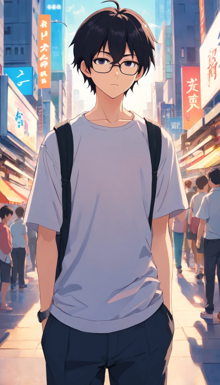 (best quality, photorealistic), handsome 16-year-old boy with shoulder-length black hair, black pants, and a white t-shirt. Detailed drawing of expressive eyes with bangs. Wearing square-framed glasses. Standing in a vibrant city backdrop. Embodying a melancholic vibe with a touch of androgyny.