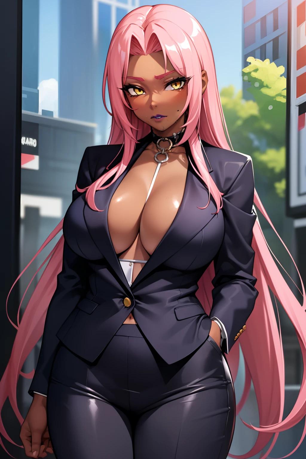 1girl,ingrid, dark-skinned female, very long hair, yellow eyes, purple lips, pink hair, forehead, hair intakes, mole under mouth, mole, large breasts,business suit, formal, jacket suit, skirt suit, cleavage,cowboy shot,bare neck