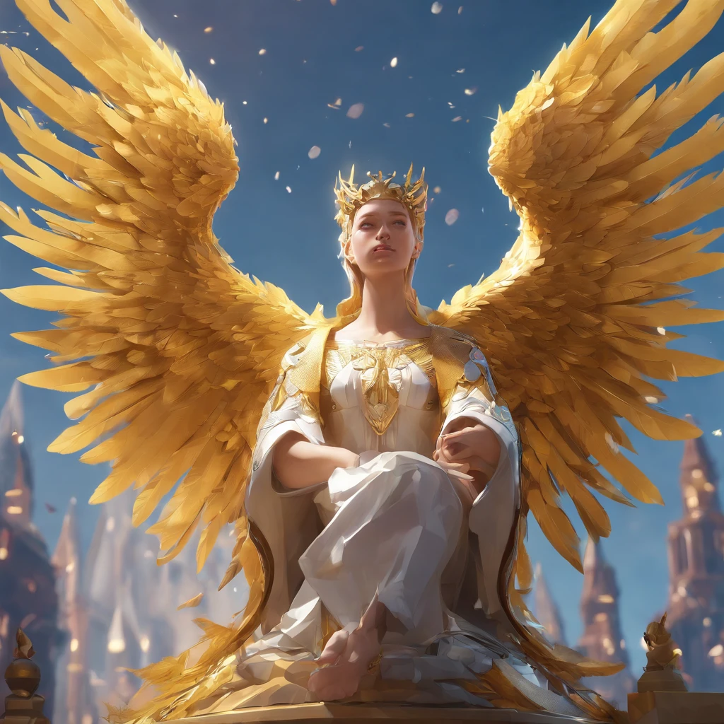 ((Angel with a chicken head))、bule、Always with angels、Inner peace、safety、Blissful、brilliance、optic、Fantastical、florals、rainbows、kirakira、ssmile、feather、Heaven、celestial realm、medieval times 、The anthropomorphic eagle vulture is、Human body and (Head of the Eagle) And golden wings, Human arms, Upright walking organisms, ((Beautiful and detailed griffins)) (Highly detailed CG Unity 8k wallpaper), Professional majestic oil painting by Ed Blinky, Geylang Gate, Studio Ghibli, Jeremy Mann, Greg Munchies, Antonio exhibited at Art Station, Moreau was popular in the CG society, Dramatic photorealistic painting by Complex, high detailing, Sharp Focus, Midjourney, and Greg Rutkowska. 超A high resolution, Best Quality, Photos, 8K, (Realistic: 1.2), Cinematic lighting, Bright golden-robed giant with golden feathers, Float on a crystal throne, Floating in the Crystal Cloud, Yellow eyes, Bright yellow light emanating from the throne, Jewels in the sky, god, Rays cover his body, The crystal throne is large and translucent (Golden feather feathers) Spread your wings, Golden light above the head (aura: 1.2), Abs in medieval golden armor, Golden feathers, masculinity, darkness, masutepiece, Best Quality, Intricate details, Snow environment with crystal on background, Crystal Cathedral, Futuristic portal, 3D light, hard disk, Magic, light god, Backlight, Detailed face, fear, depth of fields, Soft lighting, Tone Mapping, high detailing, Concept art, Smooth, Clear focus, Dramatic Lighting, extremely detailed art, movie, 8K, Amazing Shadows (Highly detailed background: 1.2) 、Cute angel with chicken head、Nasty costumes