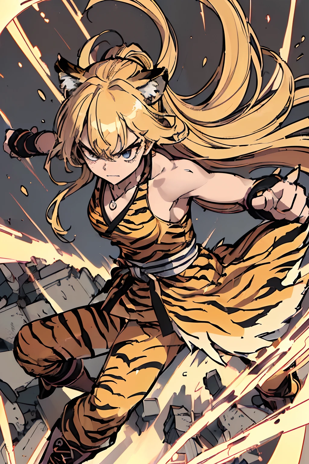 20yo 1girl, solo, (angry:1.2), small chest, (muscular:1.2), (blonde long hair, tiger print bang:1.2), (tiger ears, locket necklace, triangle locket:1.2), (tiger print long pant, tiger print elbow gloves, black knee boot:1.2) full body, (fighting stance, kung fu, kung hu pose, kung fu action, dynamic angle, battle, The girl is attacking at great speed, high speed action, the girl is moving at great speed, afterimage:1.4), ( light particles, motion lines, speed lines, motion blur, The girl's hair flutter wildly in the wind, high speed:1.4), (fantasy, rubble, Burning, medieval European fantasy world:1.4),