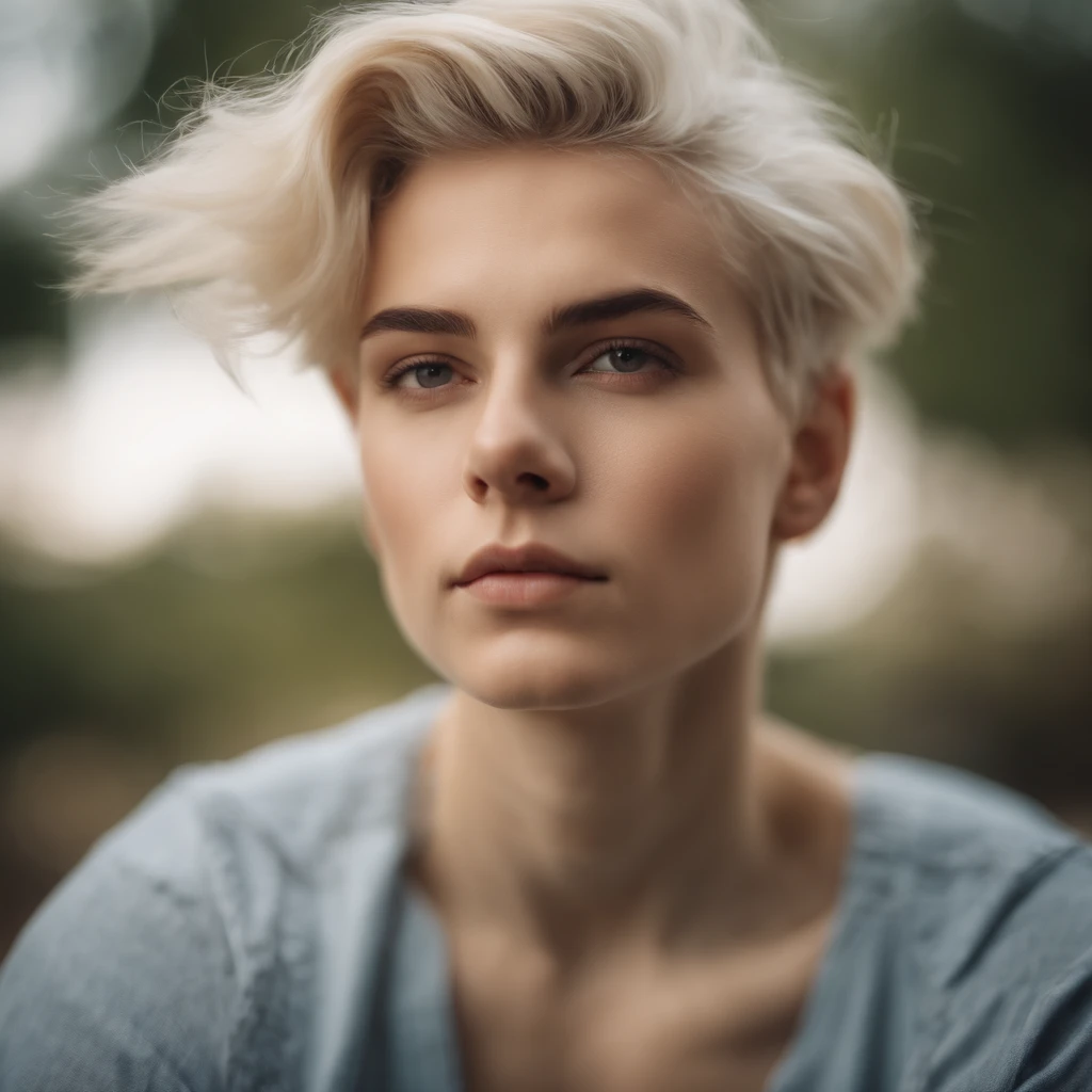 Average blonde boy with medium haircut looking at the camera, delicate androgynous prince, beautiful androgynous prince, androgynous face, an epic non - binary model, Tomboy with short platinum hair, Beautiful androgynous girl, Soft portrait photo 8k