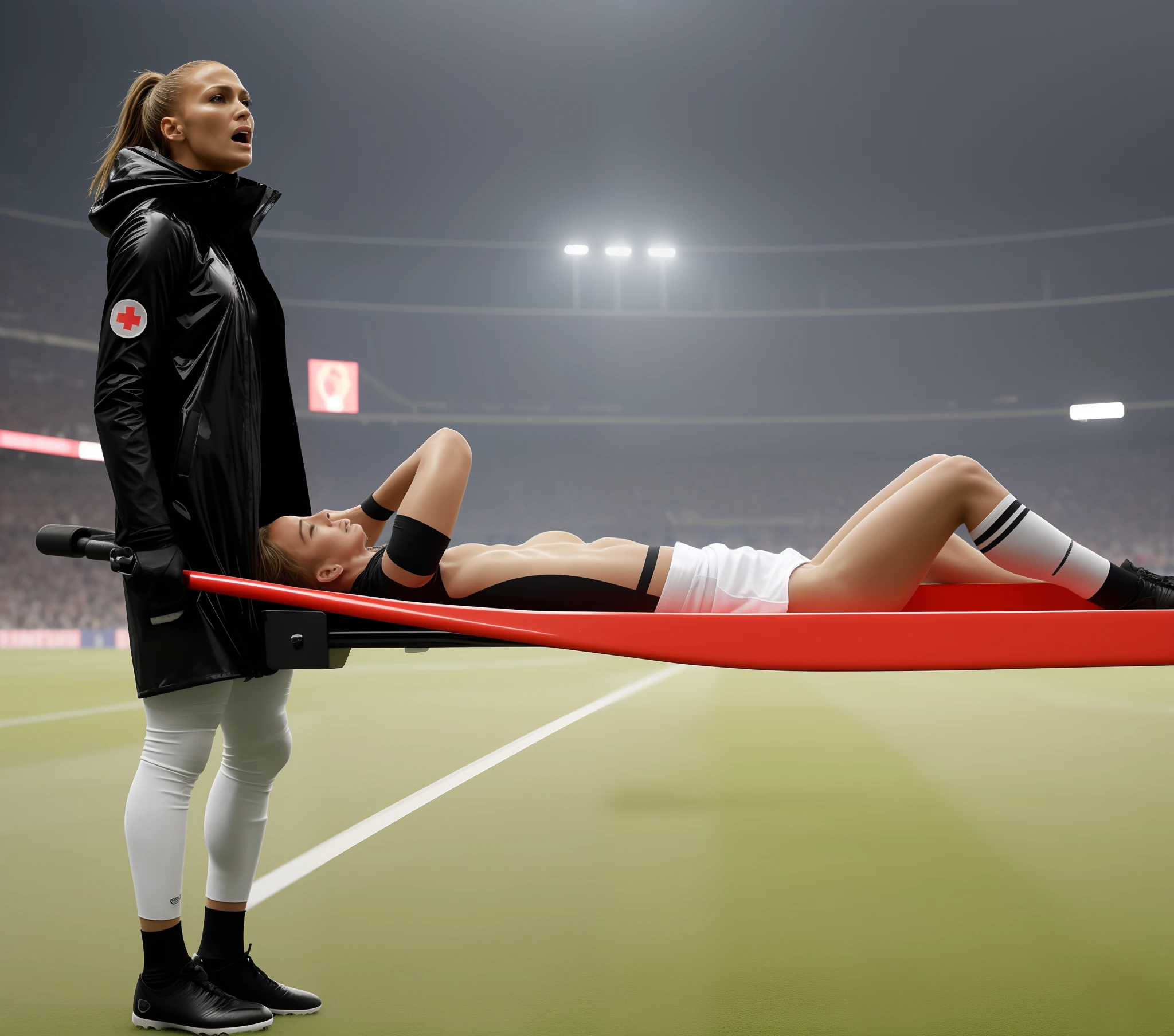 a very shiny and wet women's padded laquered coat in profile seen from the right with a Red Cross emblem on the upper arm, his hands are covering his face, the man has put his hands over his face, both hands are in front of his face, bald man on a stretcher being carried by a woman, a soccer scene in a stadium in italy , Jennifer Lopez in a black high-gloss plastic downcoat in front of us with an angry face and an extremely horrified and desperate expression from right to left across the soccer field, Jennifer Lopez carries in a horizontal orientation a stretcher on which an injured footballer lies in dull and dusty blue sportswear, the footballer lies sideways on the stretcher with his legs slightly bent and his torso towards us and has both arms bent and hands in front of his face, the footballer's head on the trage lies close to Jennifer Lopez' deep black plastic downcoat and is concealed by the footballer's akimbo arms and hands, the footballer in the mat cotton sportswear has his hands clasped in pain in front of his face and radiates an aura of pain and sorrow, Jennifer Lopez in the shiny black plastic puffer coat carries the injured soccer player on the stretcher which she carries before our eyes over the soccer field, in the background you can see the occupied stands of the italian soccer stadium, a soccer game initaly, sports injury, transport on the stretcher, Jennifer Lopez, high-resolution photo, ultra-realistic photo, photorealistic shot, super high-resolution and sharp photo, shiny black plastic burka, best shot, impressive winning photo, realistic shot, perfect shot, injured, intense momentl, 📷