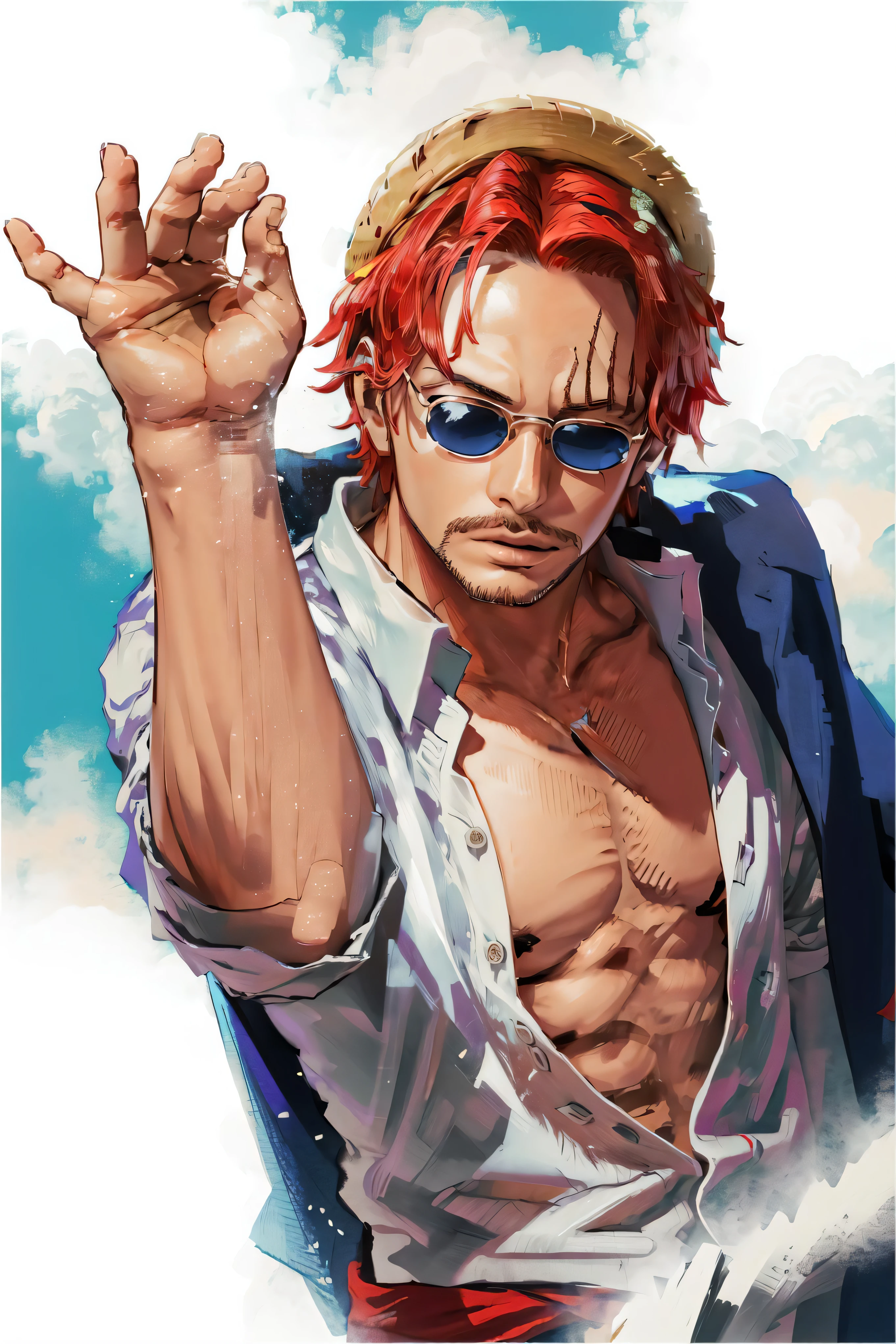 (masterpiece, best quality),  intricate details,
 1boy, man, red hair, straw hat, Shnks, shanks \(one piece\),  scar on face, short hair, shirt,  white shirt, male focus, open clothes, collared shirt, pants, cape, coat, open shirt, facial hair, scar, sandals,  pectorals, partially unbuttoned, pectoral cleavage, coat on shoulders, nature, scenery, upper body, straw hat,
BREAK cooking, inside, stove, food, pot of stew, saltbae, sunglasses,