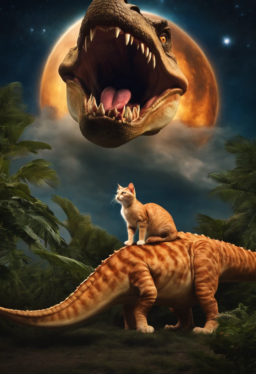 The cat rides on the back of a Tyrannosaurus rex,The sky is all like pizza saucers,The background is a splendid universe
