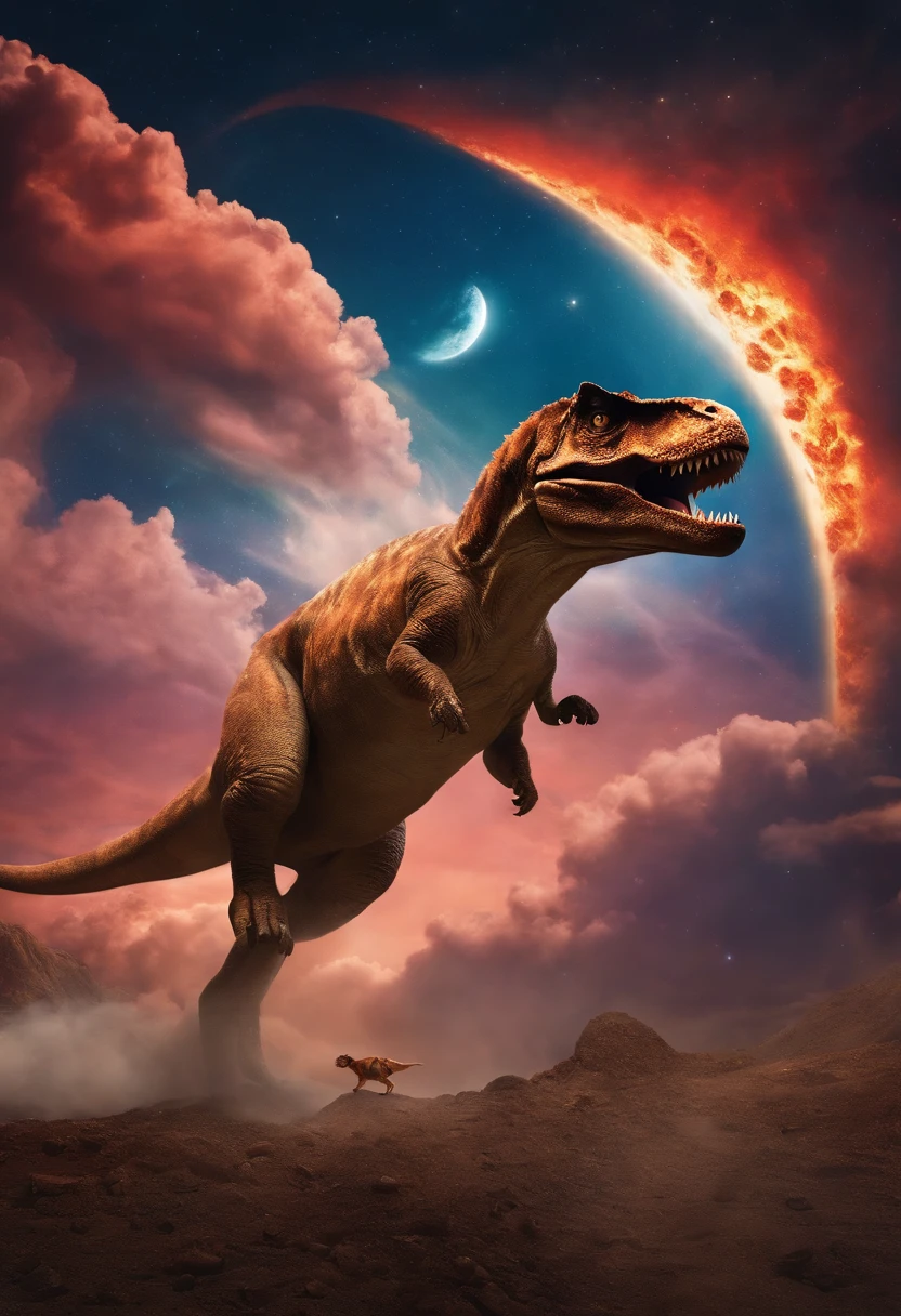 The cat rides on the back of a Tyrannosaurus rex,The sky is all like pizza saucers,The background is a splendid universe