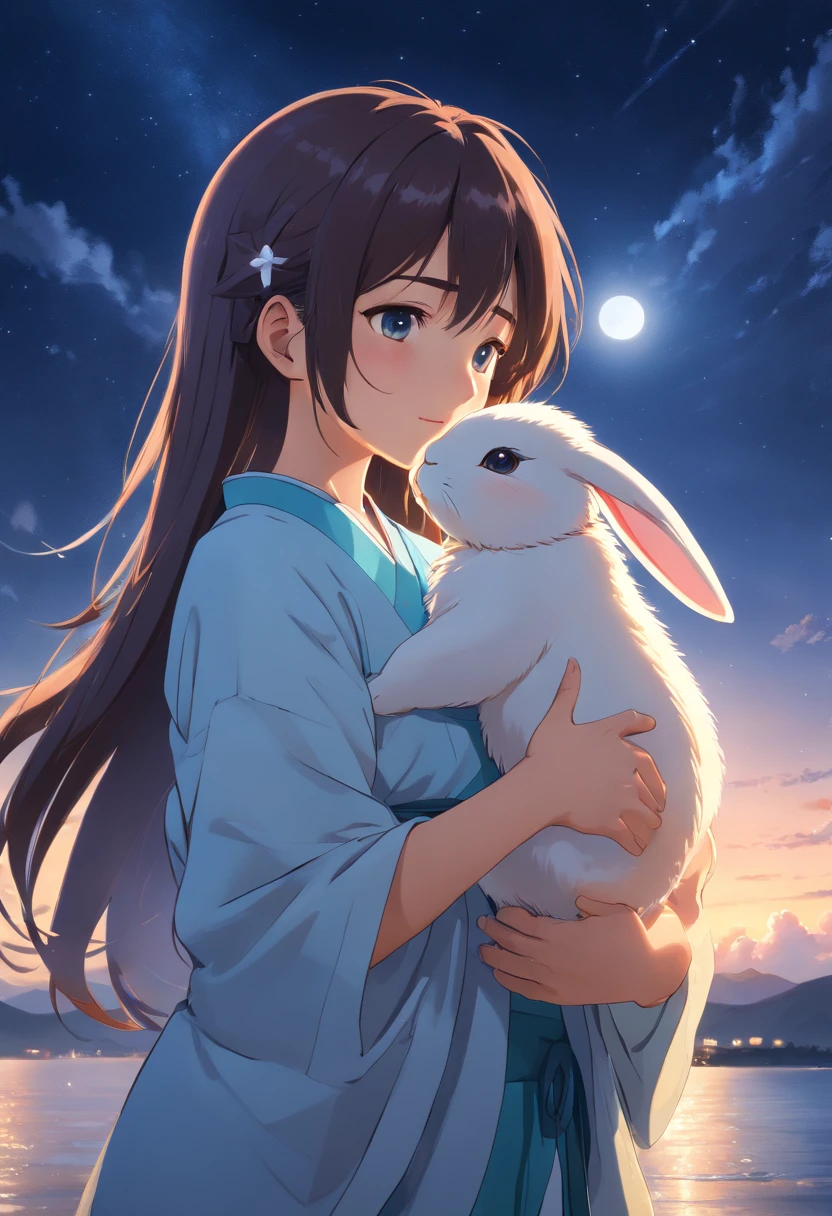 (best quality,4k,8k,highres,masterpiece:1.2),ultra-detailed,(realistic,photorealistic,photo-realistic:1.37),full moonlit night,under a starry sky,a beautiful mature Oriental woman with flowing long hair, wearing ethereal white ancient Chinese clothing, eyes brimming with tears, looking back with melancholy, holding a cute white bunny in her arms.